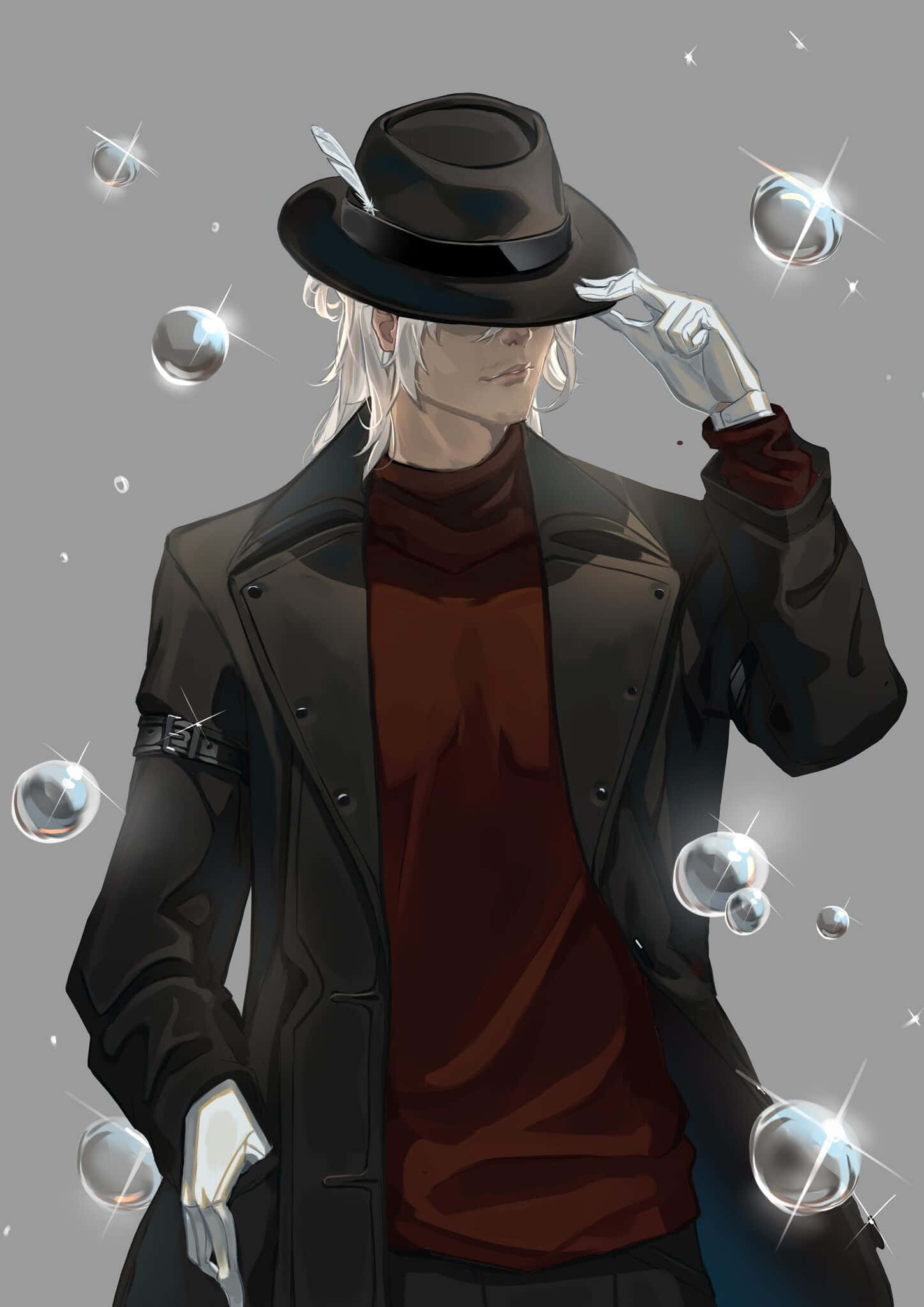 動漫男孩 桌布 壁紙 — 一位銀髮動漫男子戴著黑色軟呢帽和風衣，在灰色背景前調整帽子，周圍漂浮著發光球體。