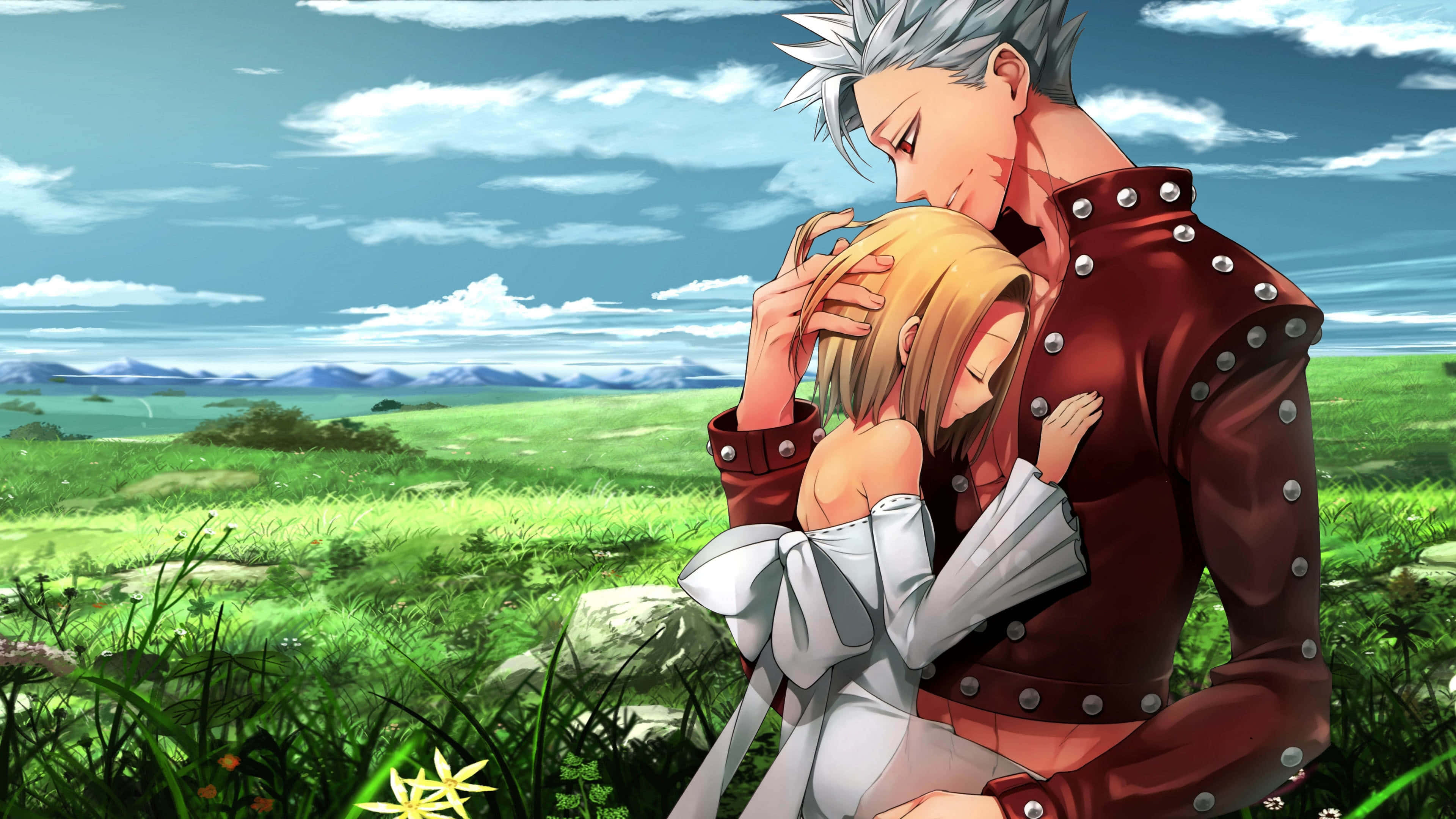 Seven Deadly Sins 4K 桌布 壁紙 — 一位銀髮動漫男子溫柔地擁抱著一位穿著白色連衣裙的金髮女子，背景是廣闊的綠色草地和明亮的藍天。