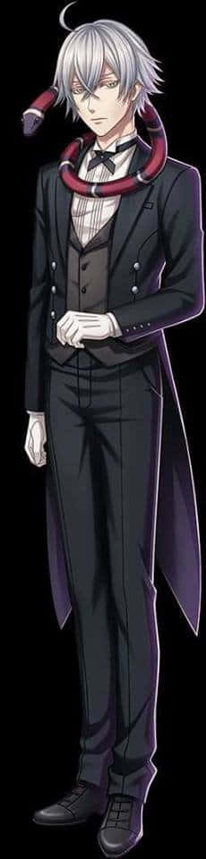 Black Butler Snake 桌布 壁紙 — 一位銀髮動漫男子穿著正式黑色西裝，脖子上纏著一條紅蛇，站在黑色背景前。