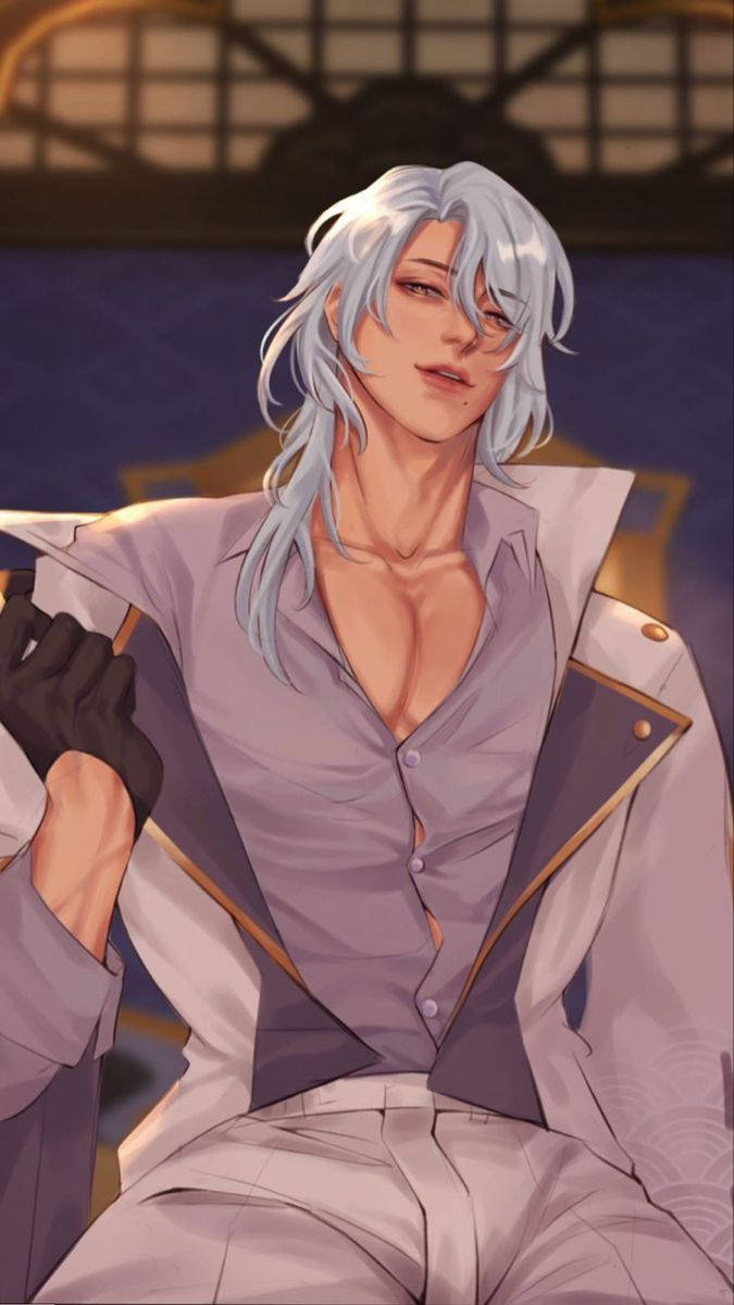 ayato 桌布 壁紙 — 一位銀髮動漫男子身穿薰衣草色西裝，戴著手套的手自信地坐著，背景是溫暖燈光的傳統日本風格。