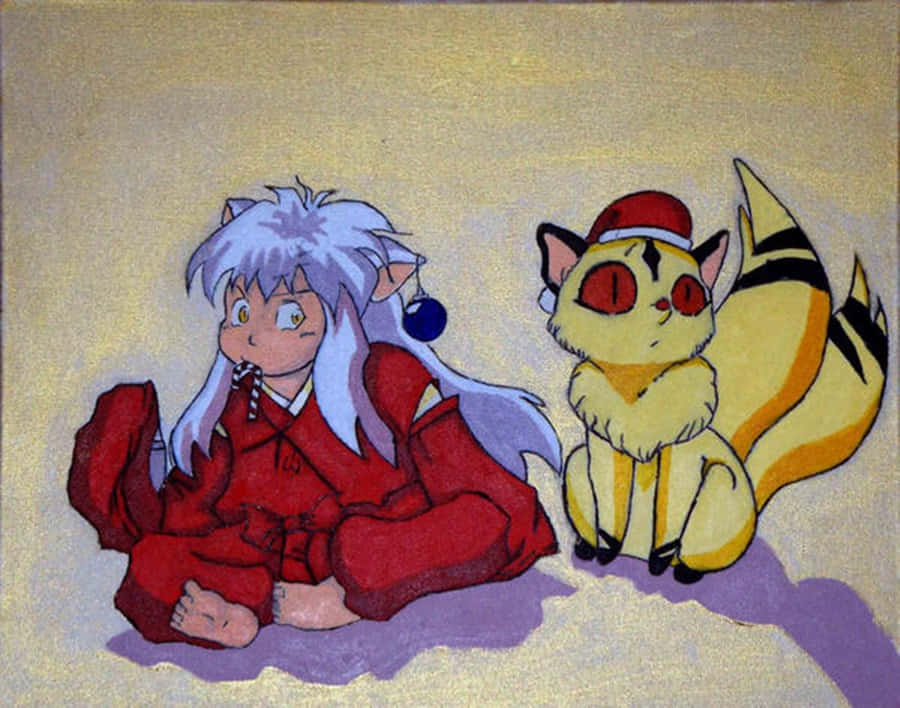 Inuyasha And Kirara 桌布 壁紙 — 一位銀髮動漫男孩穿著紅色和服，坐在一隻戴著紅帽的黃色狐狸狀生物旁邊，背景是帶紋理的金色。