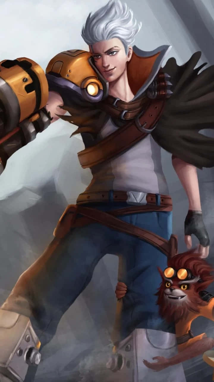 Mobile Legends 動態圖 桌布 壁紙 — 一位銀髮動漫英雄手持發光的橙色武器，自信地站在一個戴著護目鏡的小毛茸茸夥伴旁邊。