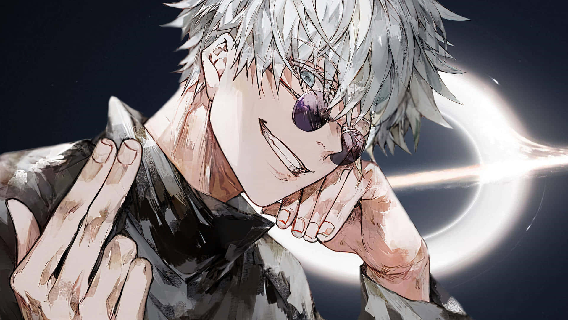 Cute Anime Boys 桌布 壁紙 — 一位銀髮動漫角色，一隻眼睛被紫色鏡片遮蓋，微笑著拿著他的外套，背景是發光的宇宙環。