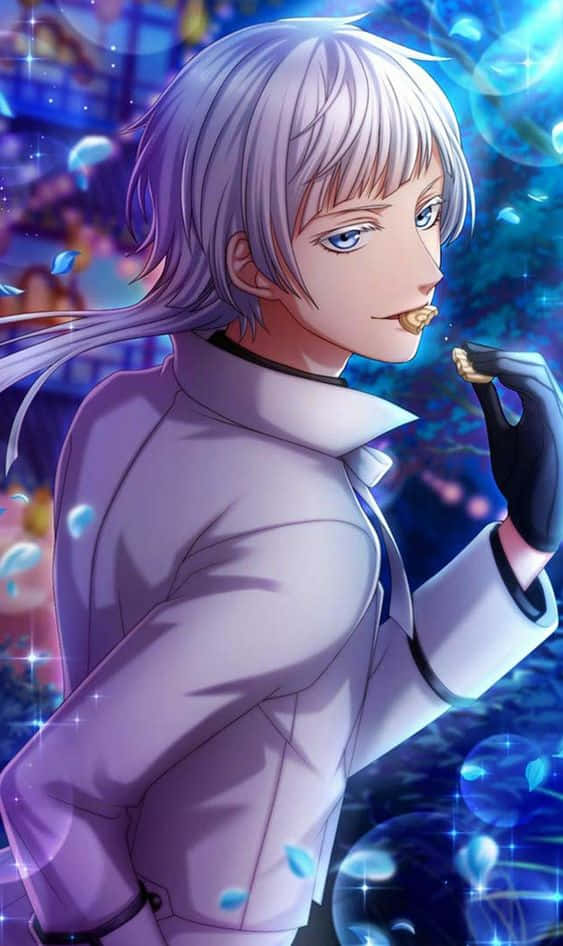 Charles Grey 桌布 壁紙 — 一位銀髮動漫角色穿著白色外套，在閃爍的藍色背景上手持發光球體。