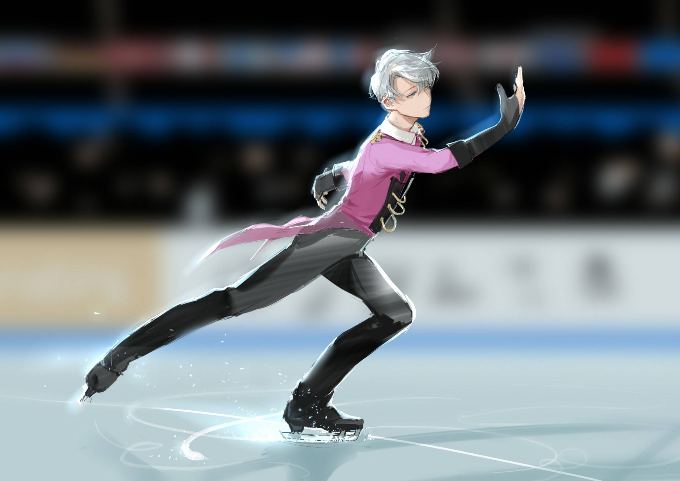 Ice Skating 桌布 壁紙 — 一位銀髮動漫角色穿著粉紅和黑色服裝，在冰上優雅滑行，留下閃爍的痕跡。