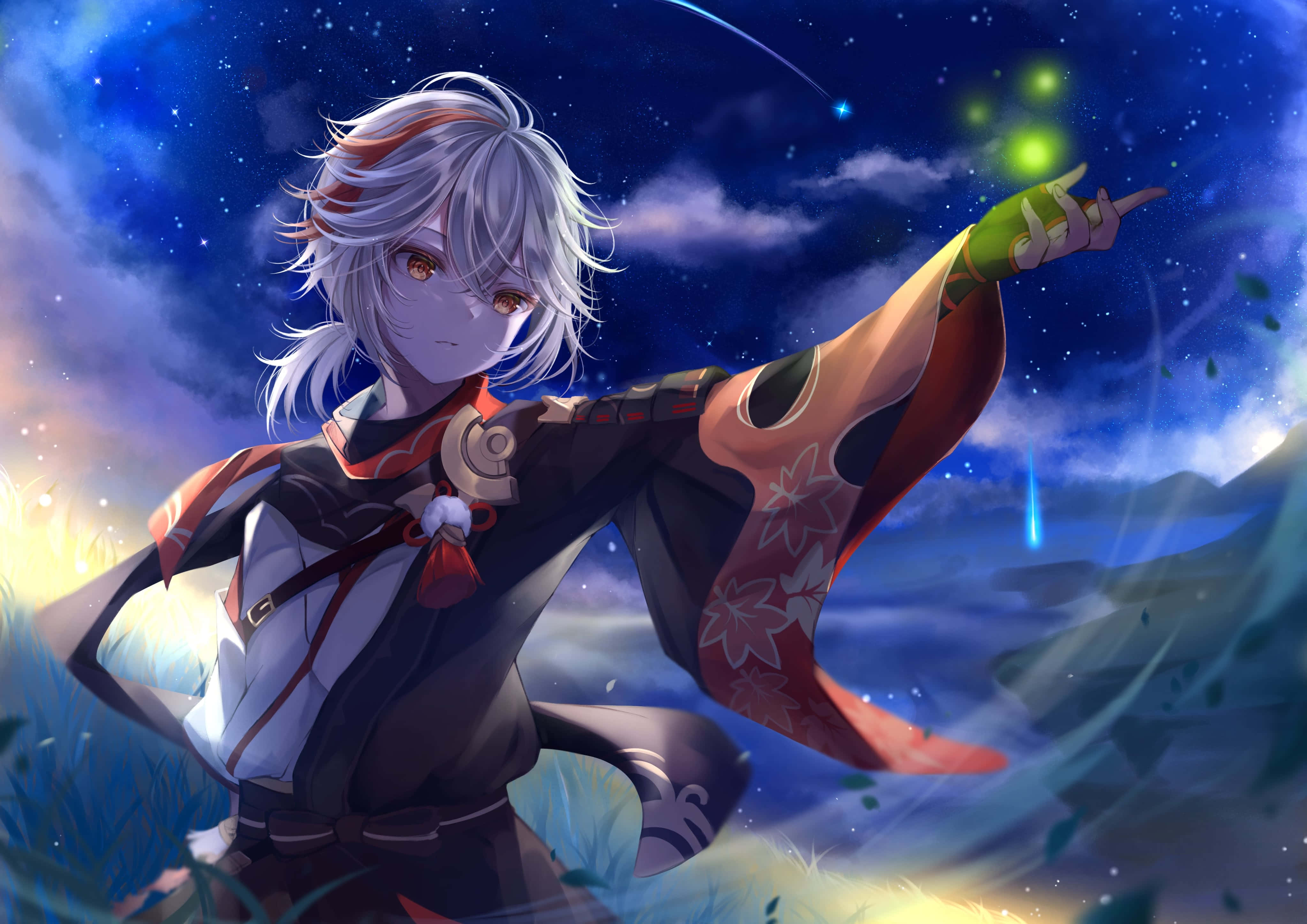 games 桌布 壁紙 — 一位銀髮動漫角色穿著紅黑和服，在星空下施展發光的綠色魔法。
