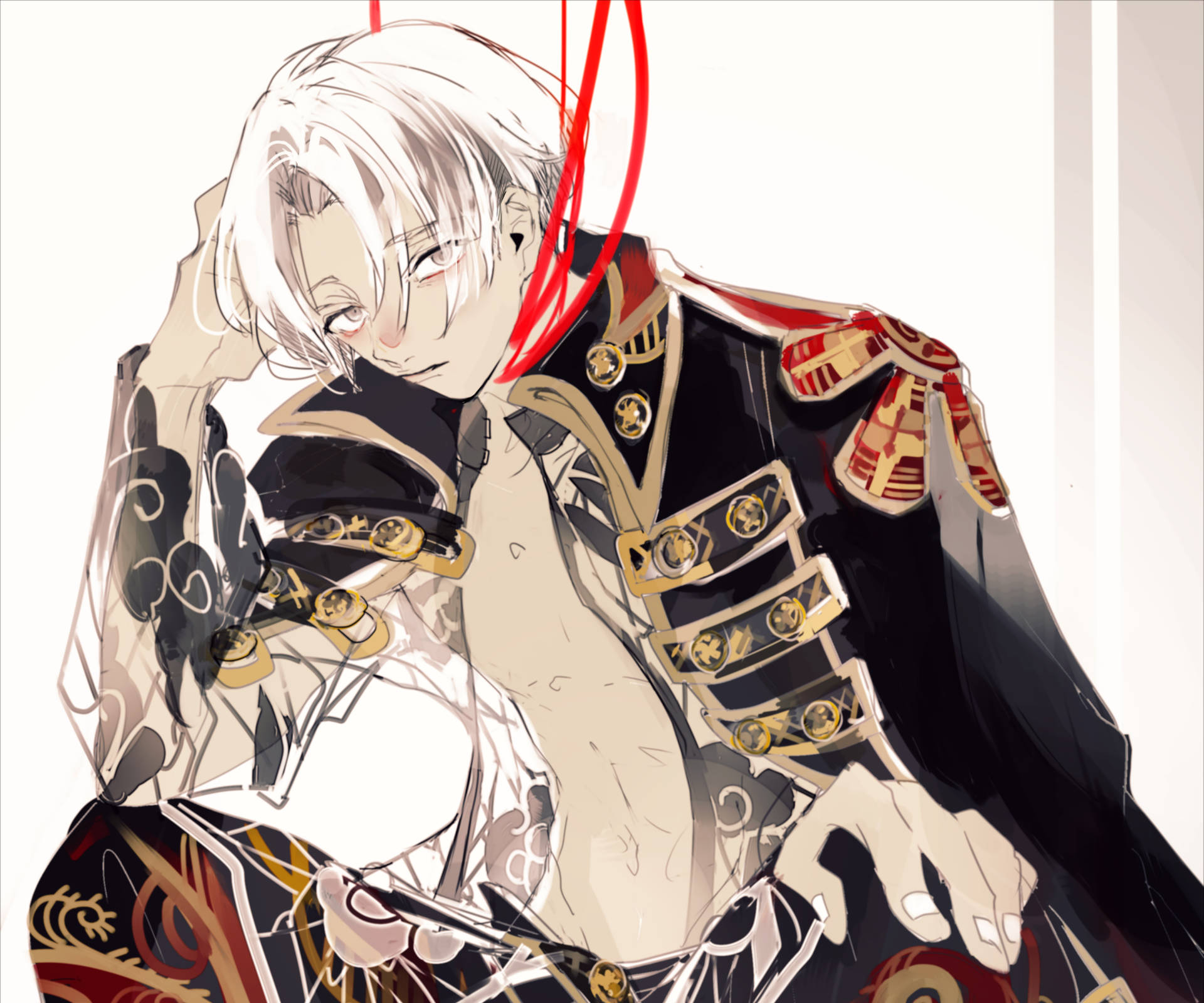 izana kurokawa 桌布 壁紙 — 一位銀髮動漫角色穿著華麗的黑金軍裝，身體前傾，表情嚴肅。