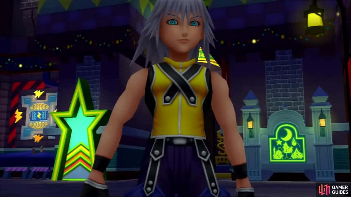 Kingdom Hearts Characters 桌布 壁紙 — 一位銀髮動漫角色穿著黃色和紫色的服裝，站在霓虹燈閃爍的夜間奇幻城市景觀中。