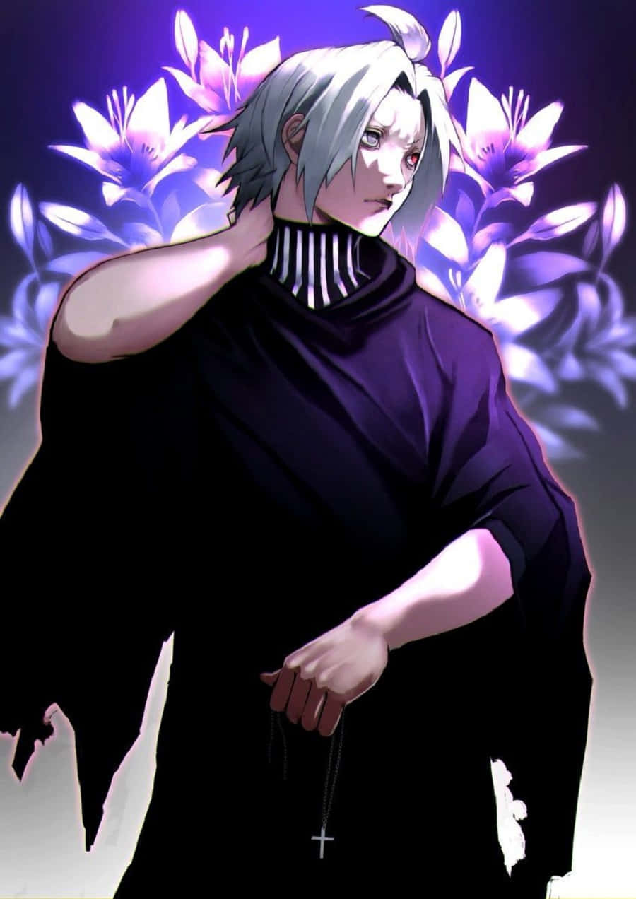 Seidou Takizawa 桌布 壁紙 — 一位銀髮動漫角色身穿深色長袍，在發光的紫色百合花背景下帶著莊嚴的表情站立。