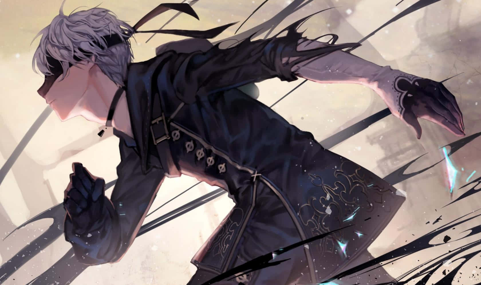 Male Anime Characters 桌布 壁紙 — 一位銀髮動漫角色身穿黑色戰術裝備，在明亮的抽象背景前以動態動作線條向前衝刺。