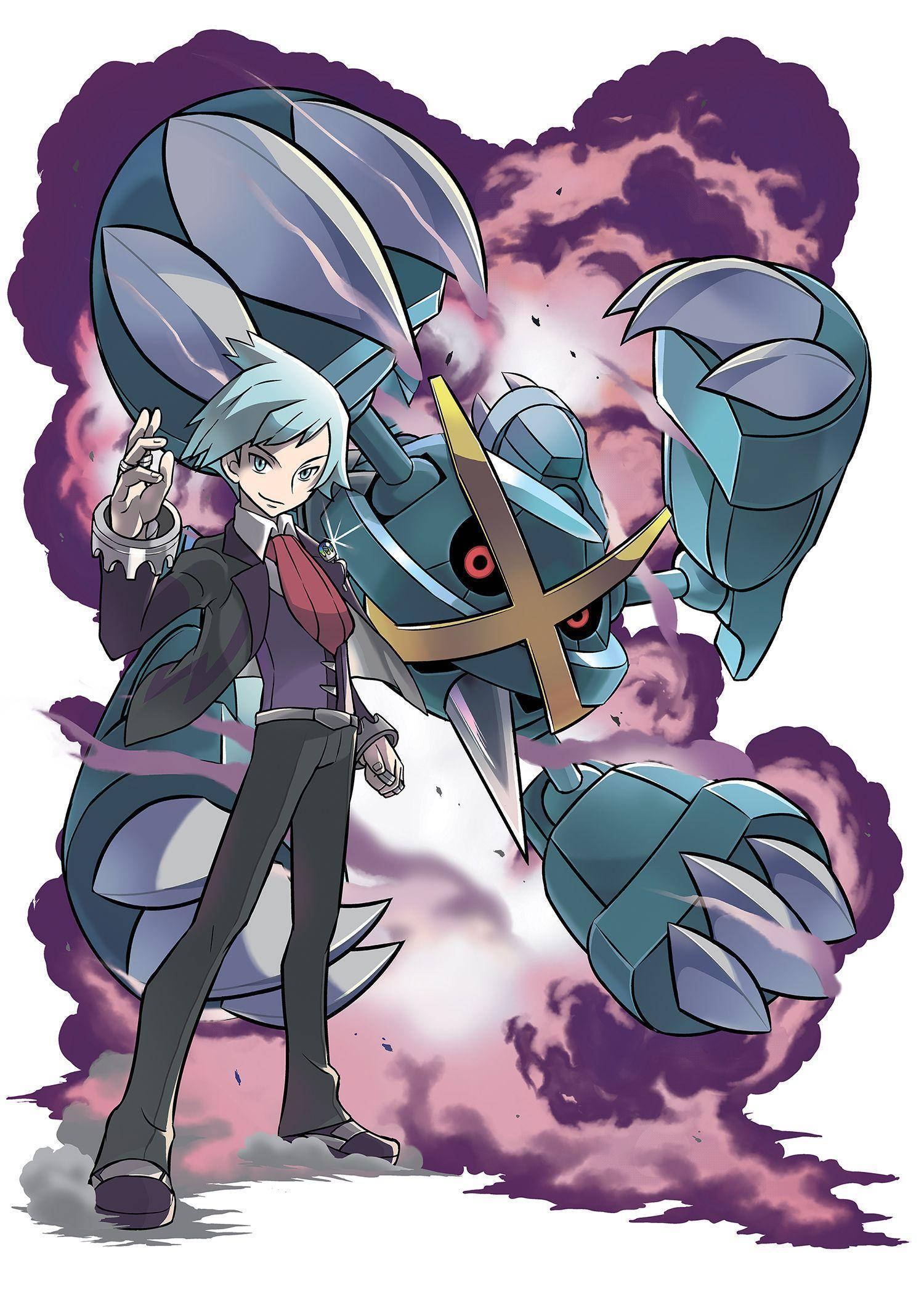 Metagross 桌布 壁紙 — 一位銀髮動漫訓練員自信地站在一隻大型藍色機械寶可夢旁邊，周圍環繞著旋轉的紫色煙霧。