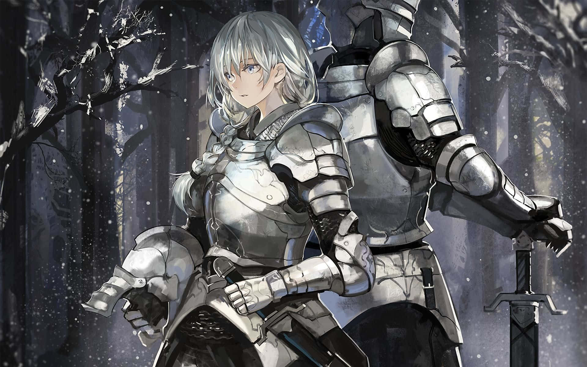 Goblin Slayer 桌布 壁紙 — 一位銀髮動漫騎士穿著精細盔甲，在雪夜森林中站在一位高大的盔甲人物旁邊。