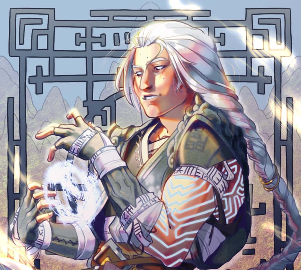 Mortal Kombat Fujin 桌布 壁紙 — 一位銀髮動畫法師身穿華麗盔甲，在幾何門戶背景下於雙手之間引導發光魔法。