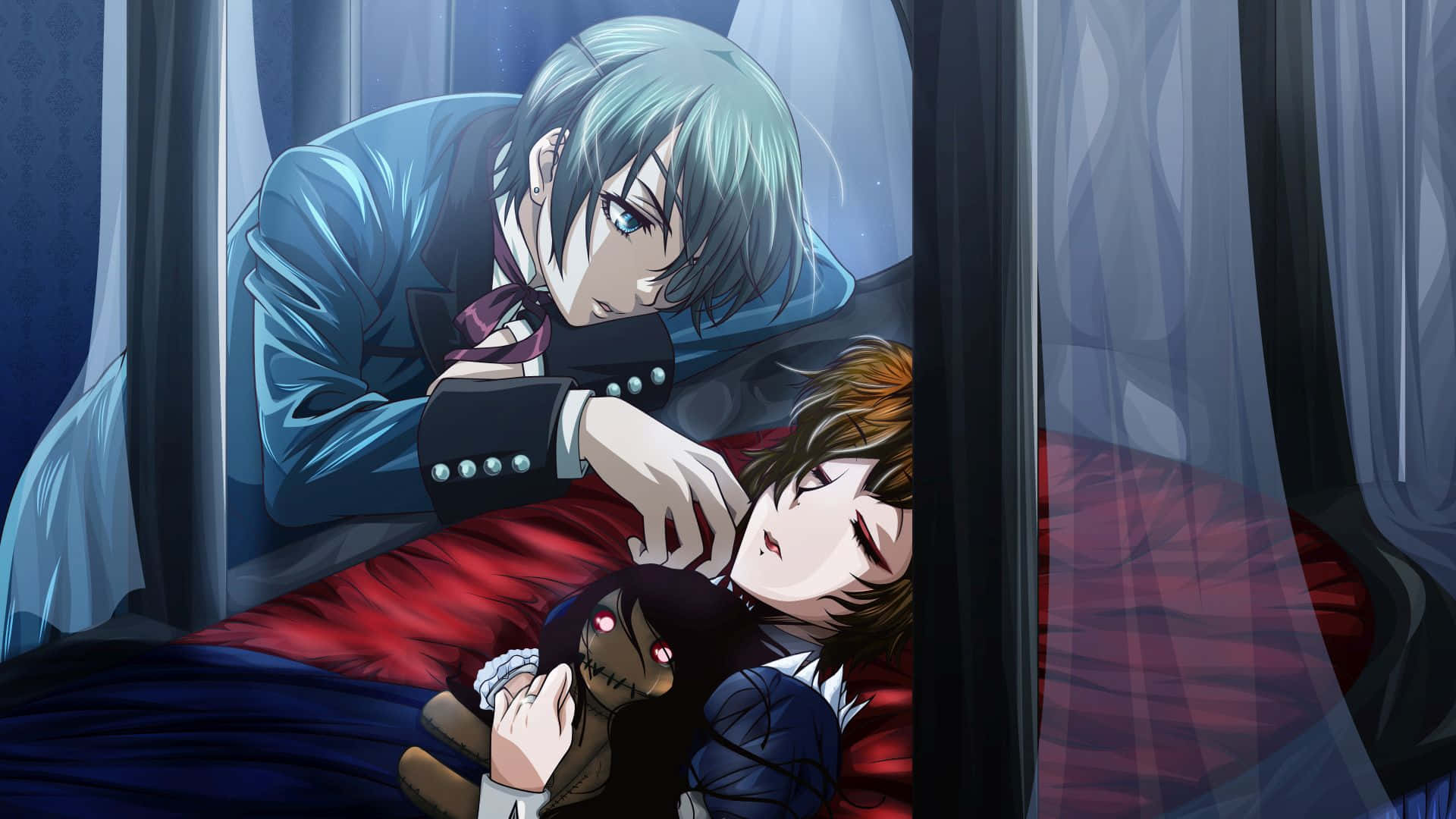 Black Butler 桌布 壁紙 — 一位銀髮動畫男子身穿藍色西裝，在燈光昏暗的房間裡俯身看著一個抱著毛絨玩具睡著的棕髮男孩。