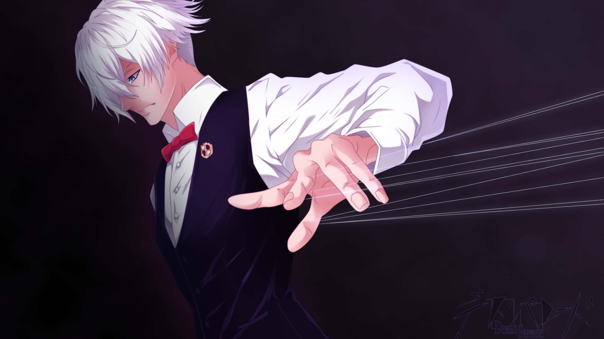 Death Parade 桌布 壁紙 — 一位銀髮動畫男穿著燕尾服伸出手，發光的線條從他的指尖放射出來，背景是黑暗的。