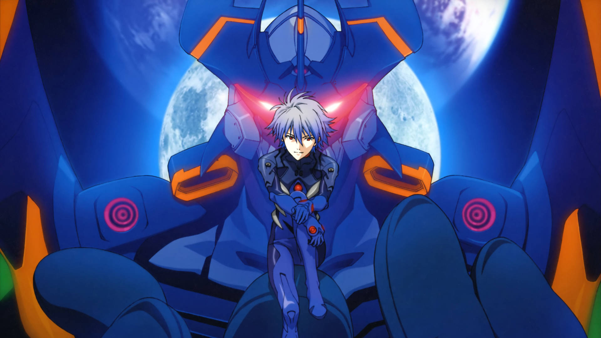 kaworu nagisa 桌布 壁紙 — 一位銀髮動畫飛行員坐在藍橙色機甲駕駛艙內，背景是月光照耀的天空。