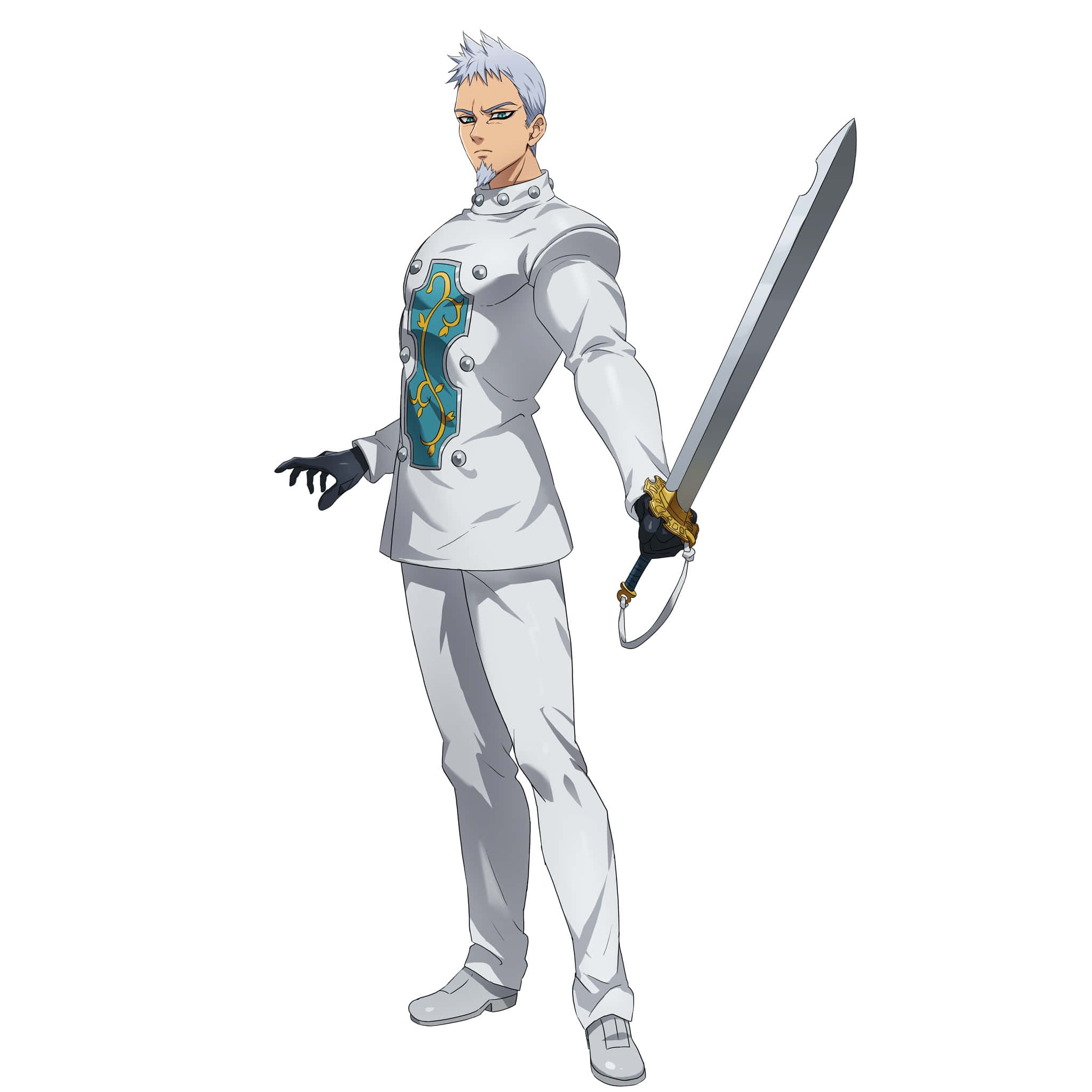 Seven Deadly Sins Hendrickson 桌布 壁紙 — 一位銀髮動畫騎士，身穿白色盔甲，帶有青綠色和金色點綴，在純白色背景前手持一把大劍。
