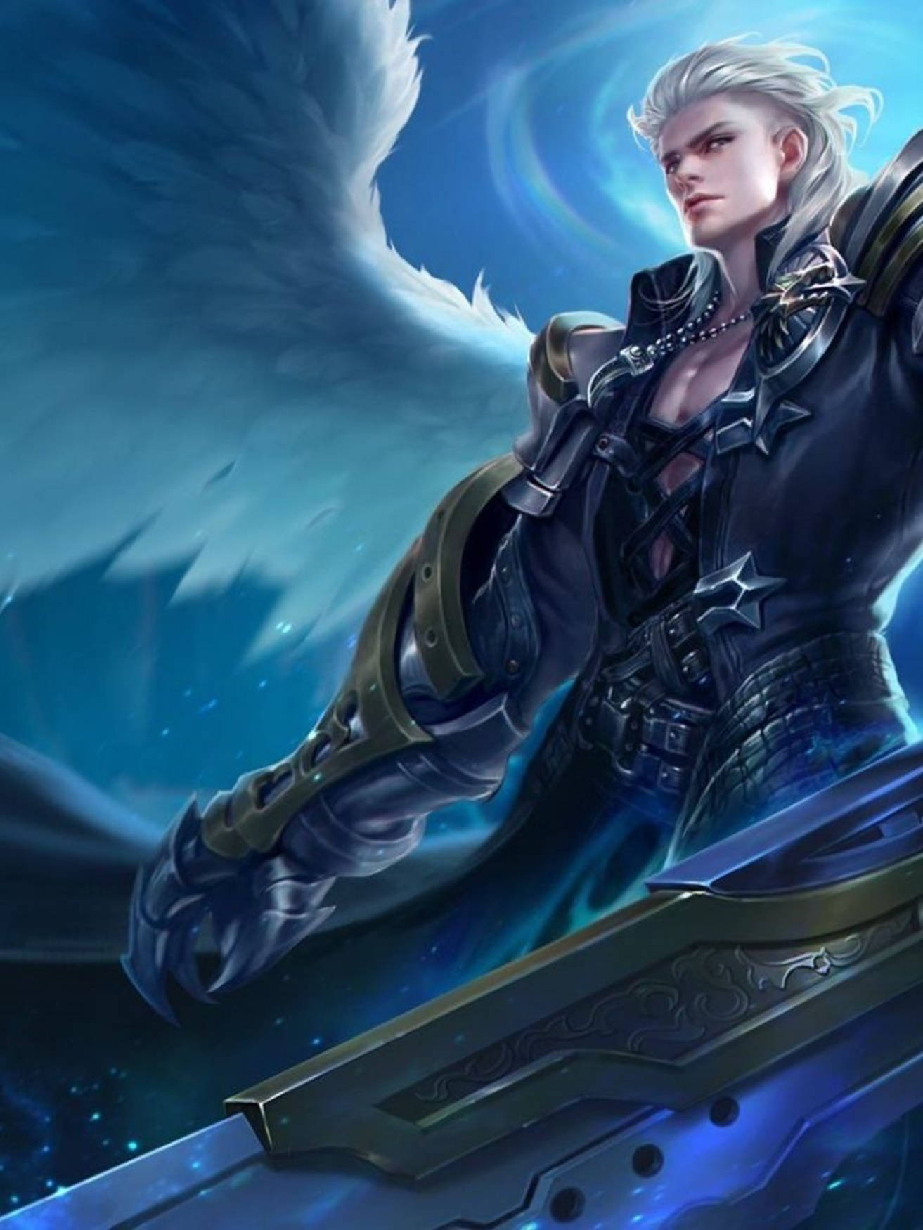 Mobile Legends 動態圖 桌布 壁紙 — 一位銀髮天使戰士身穿暗色盔甲，在旋轉的藍色宇宙背景下揮舞著發光的劍。