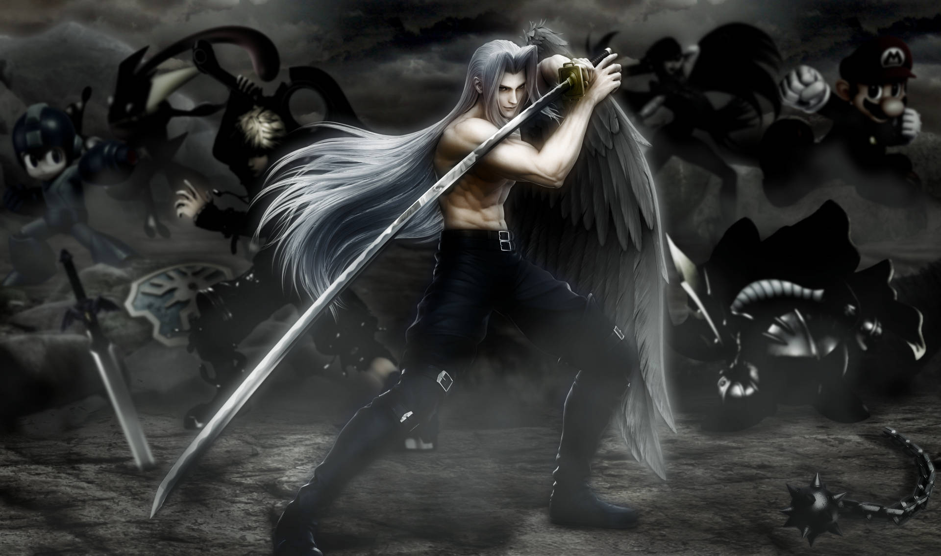 Sephiroth 桌布 壁紙 — 一位銀髮天使翅膀的戰士在黑暗的戰場上揮舞長劍，周圍有陰影人物和標誌性電子遊戲角色。