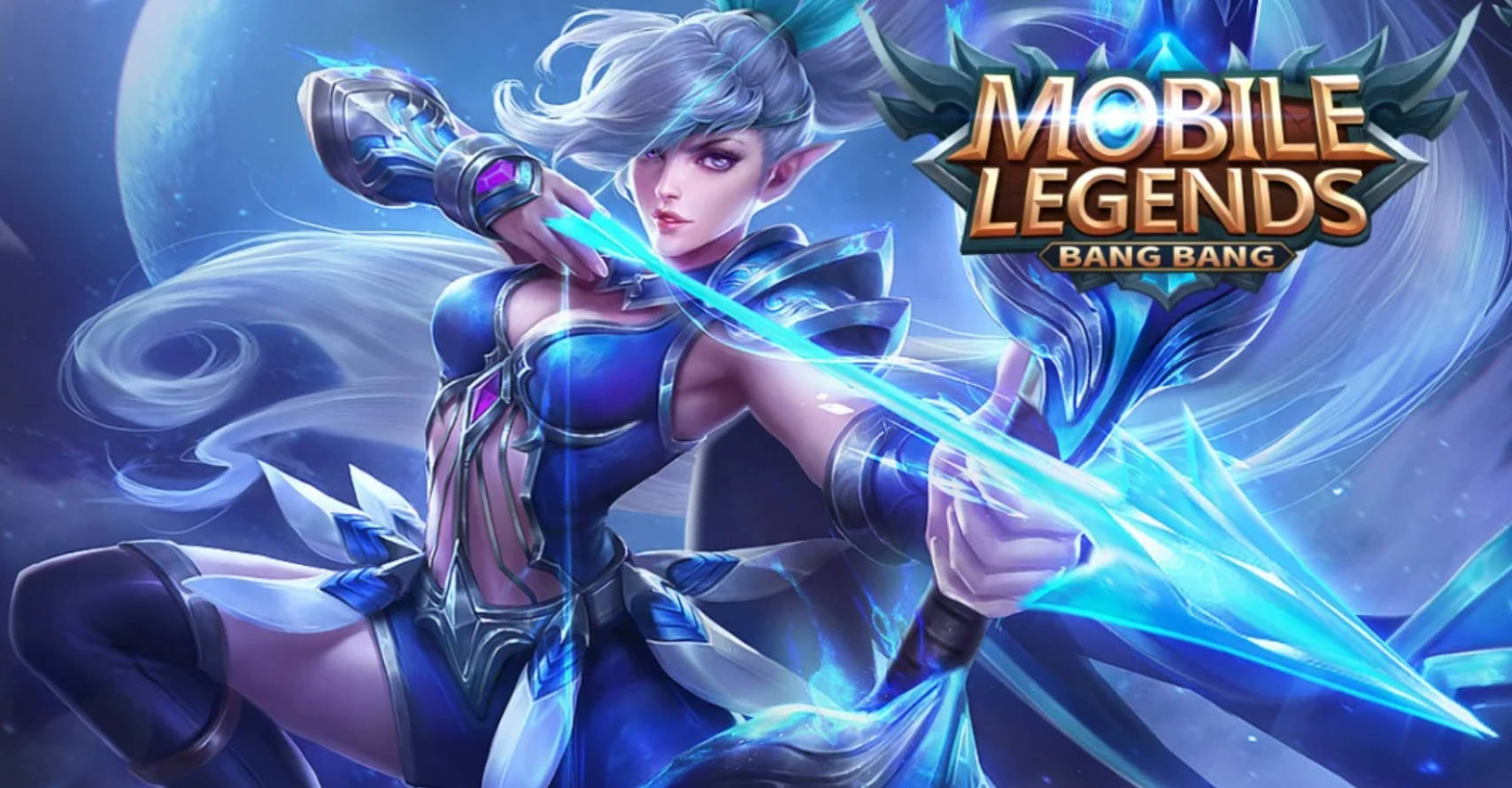 mobile legends logo 桌布 壁紙 — 一位銀髮奇幻戰士，在月球和旋轉能量的宇宙背景下揮舞著一把發光的藍色劍。