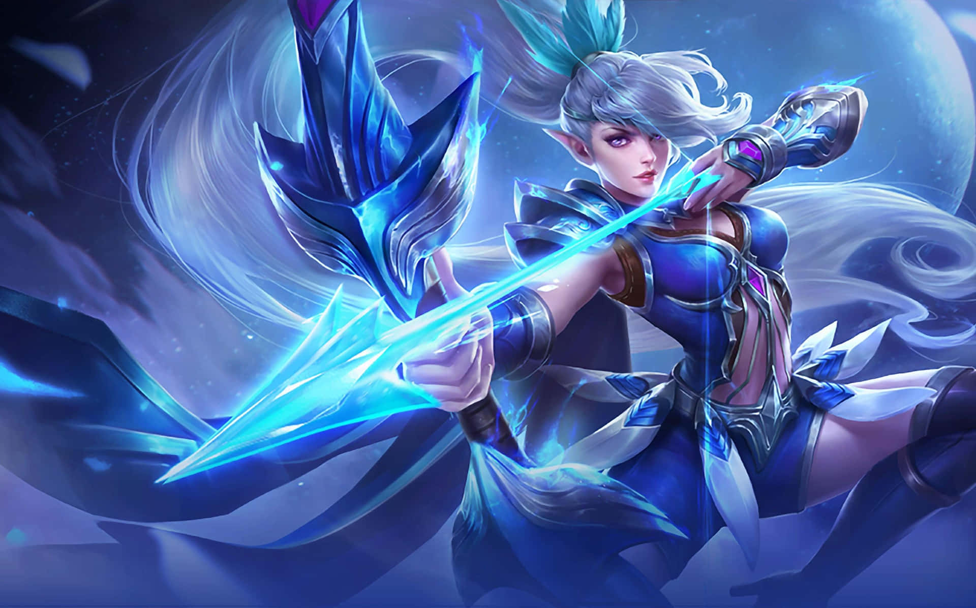 Mobile Legends 動態圖 桌布 壁紙 — 一位銀髮奇幻精靈戰士在宇宙星空背景下揮舞著發光的藍色長矛。