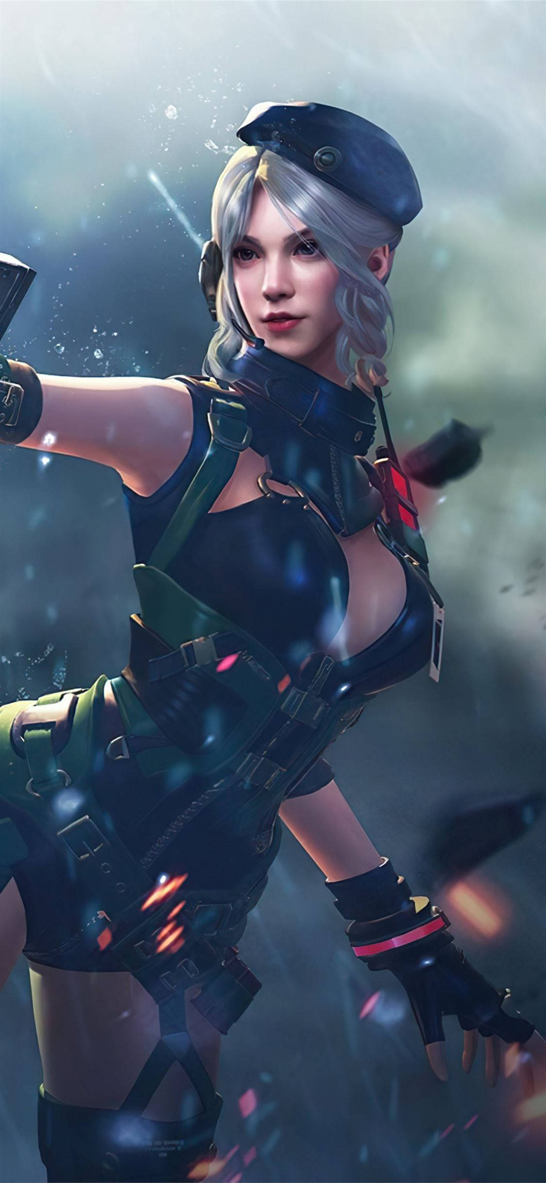 character 桌布 壁紙 — 一位銀髮女兵身穿戰術裝備，在閃爍的火花和迷霧戰場煙霧中瞄準武器。