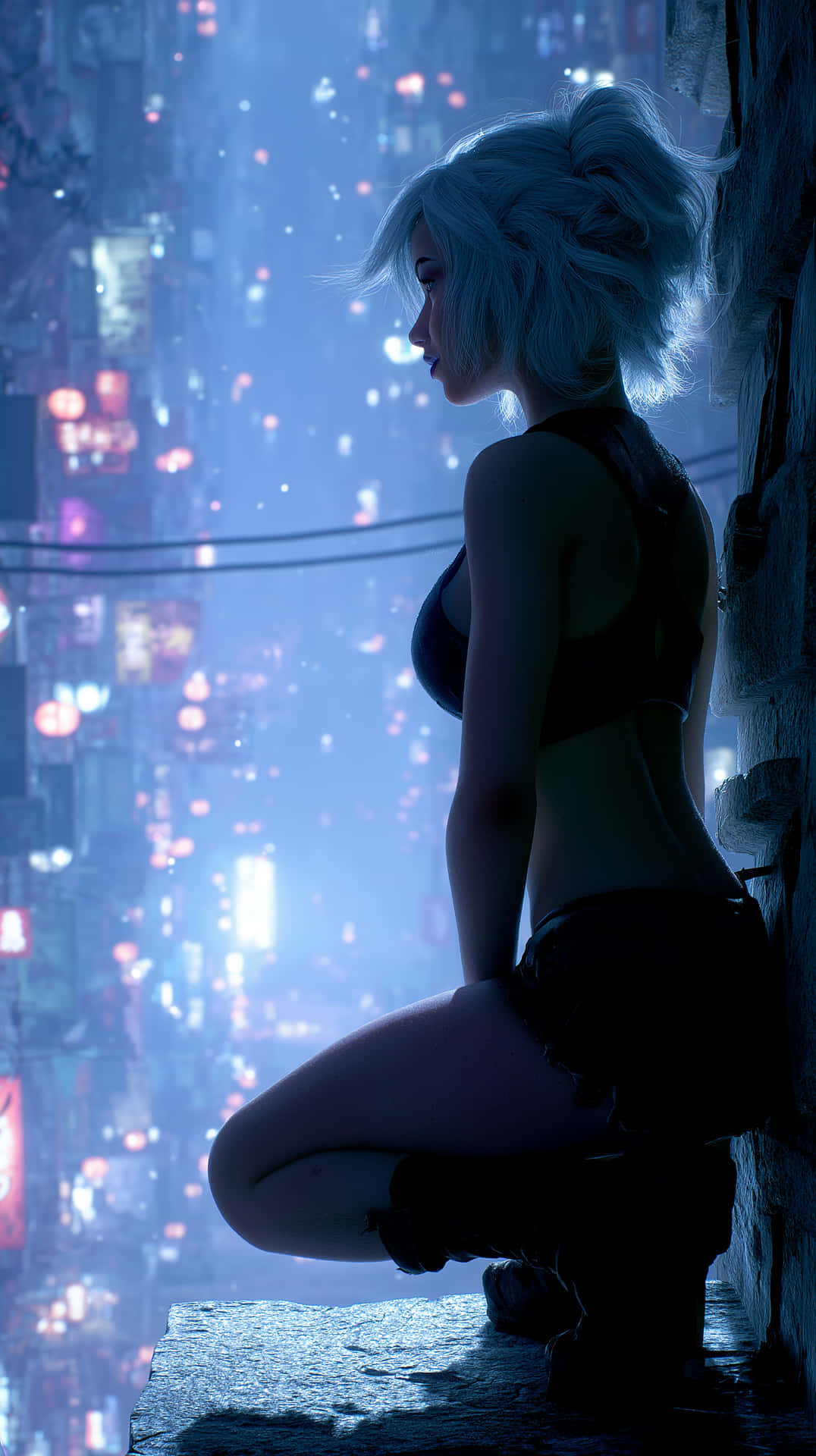 Night Elf Sentinel 壁紙 — 一位銀髮女子跪在剪影中，背景是雨夜霓虹城市，閃爍著藍色和粉紅色的燈光。