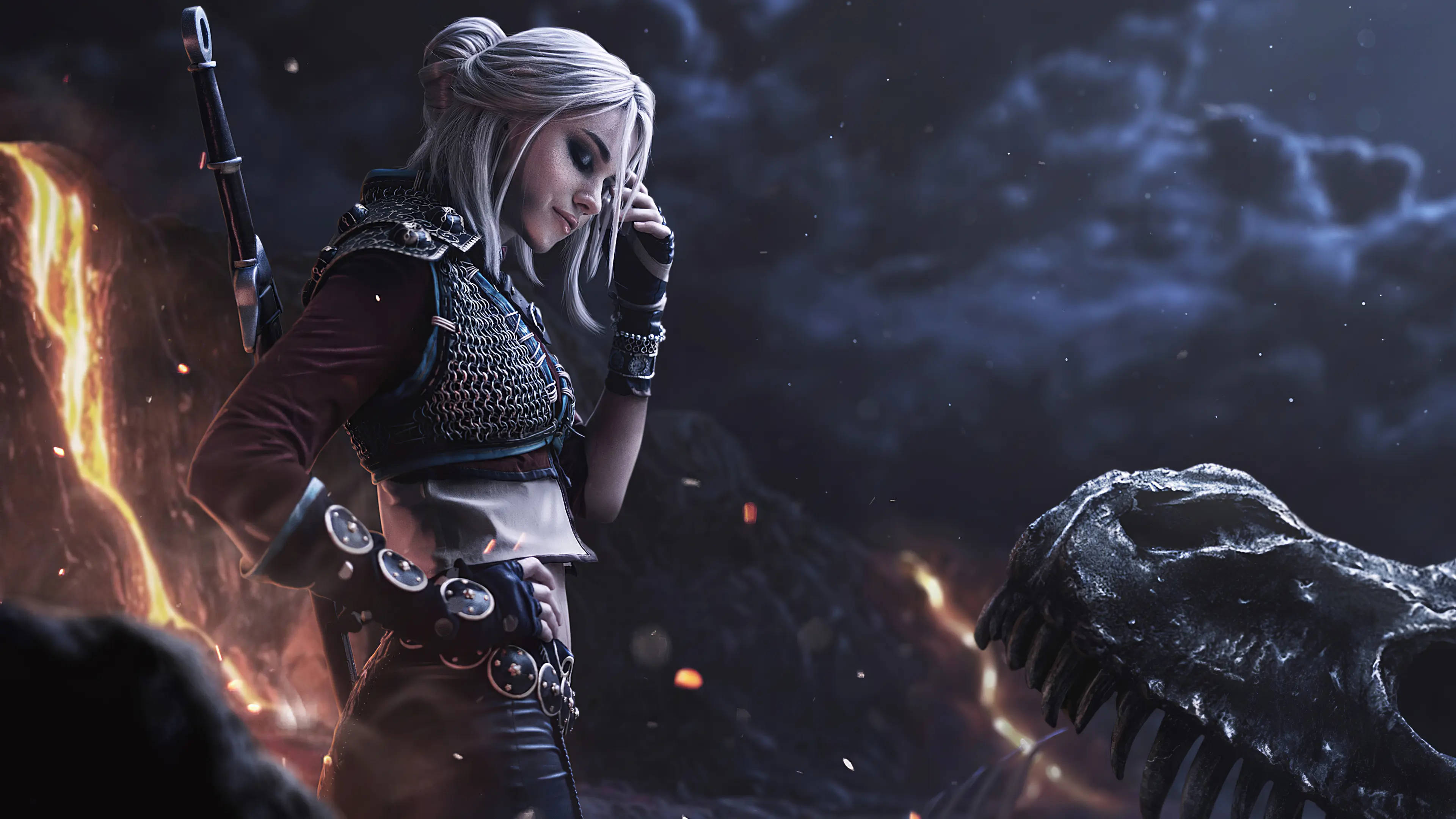 witcher 4K 桌布 壁紙 — 一位銀髮女戰士站在恐龍頭骨旁邊，背後有熔岩流動，天空風暴密佈。
