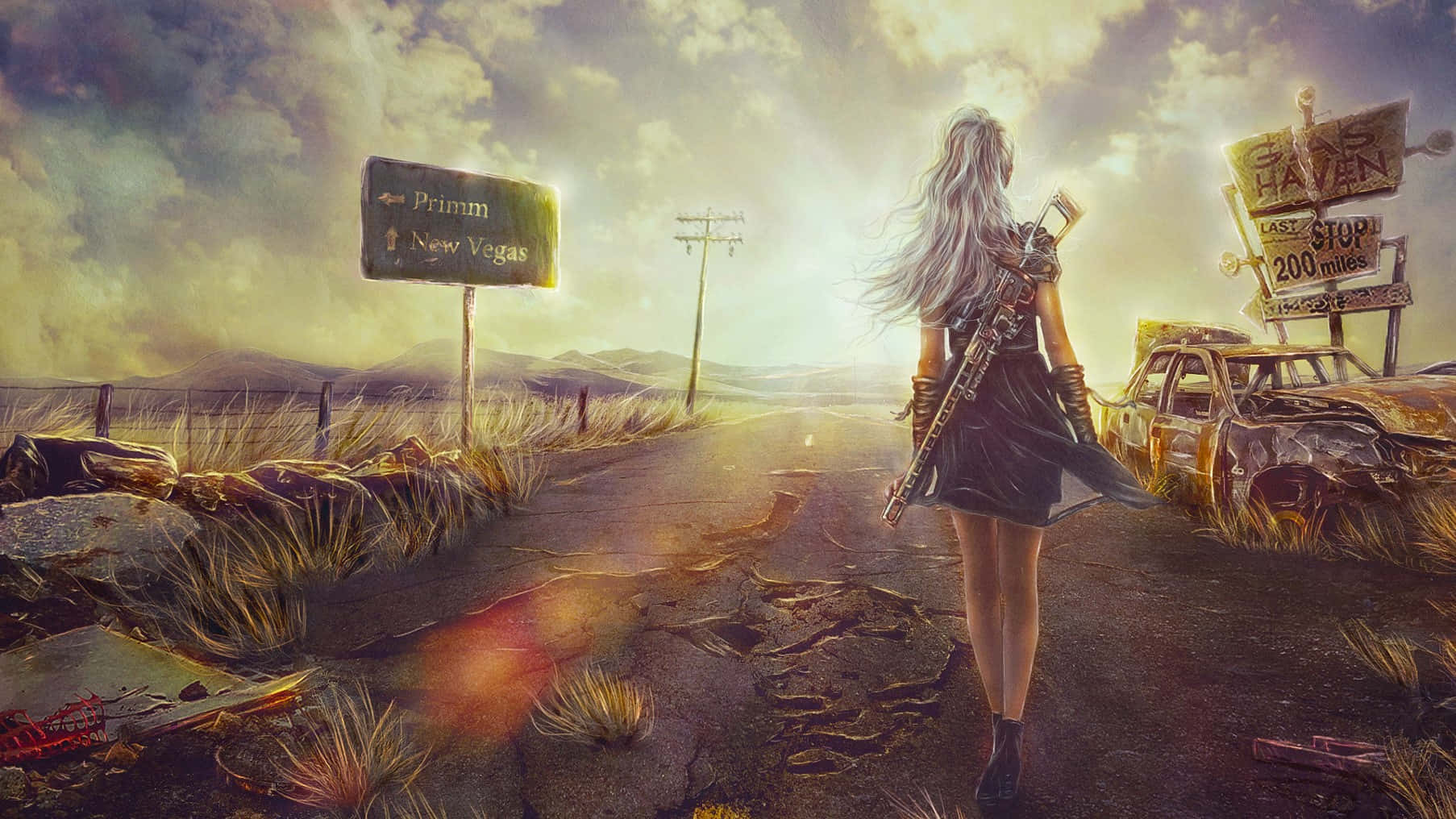 Fallout Nv 桌布 壁紙 — 一位銀髮孤獨女子沿著龜裂的沙漠道路，走過一輛生鏽的汽車和風化的標誌，走向發光的地平線。