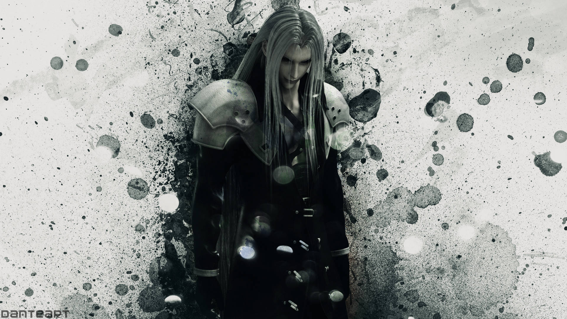 Sephiroth 桌布 壁紙 — 一位銀髮孤獨戰士身穿暗色盔甲，站在粗糙的飛濺背景前，周圍有發光球體。