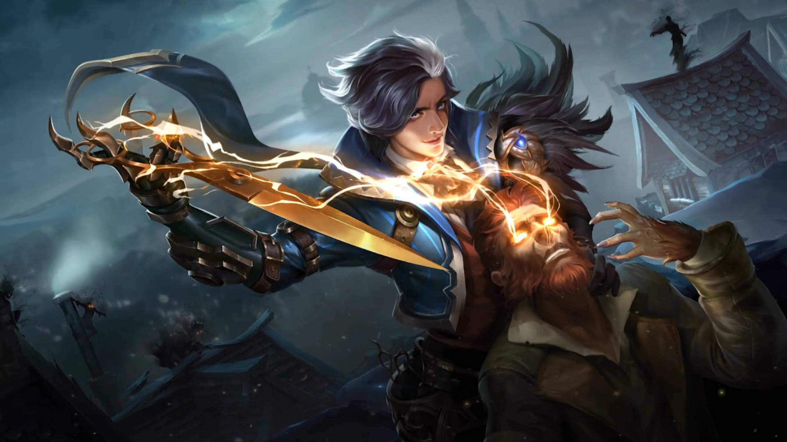 Mobile Legends 動態圖 桌布 壁紙 — 一位銀髮戰士在風雨交加的廢棄村莊中揮舞著發光的金色刀刃，對抗一隻長鬍鬚的野獸。