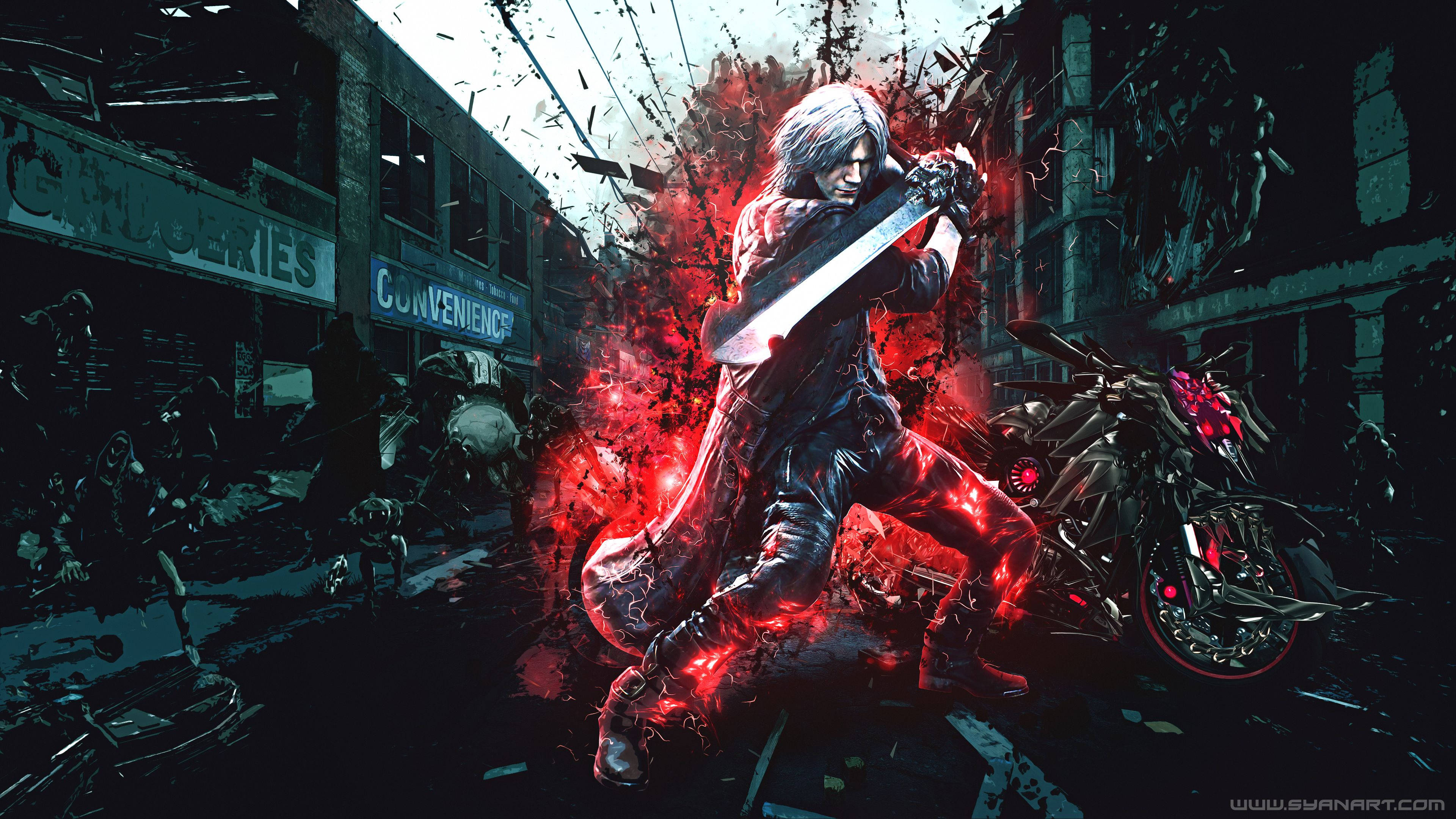 Devil May Cry 5 桌布 壁紙 — 一位銀髮戰士在黑暗的城市街道上揮舞著發光的紅色劍，惡魔般的生物在他周圍蜂擁而至。
