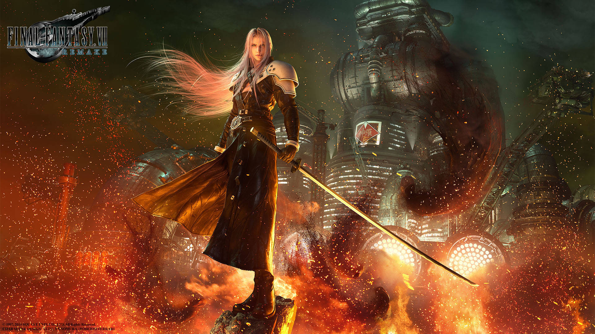 Ff7 桌布 壁紙 — 一位銀髮戰士挑釁地站在岩石上，身處熾熱爆炸之中，手持發光劍，背景是黑暗天空下的巨大機械結構。