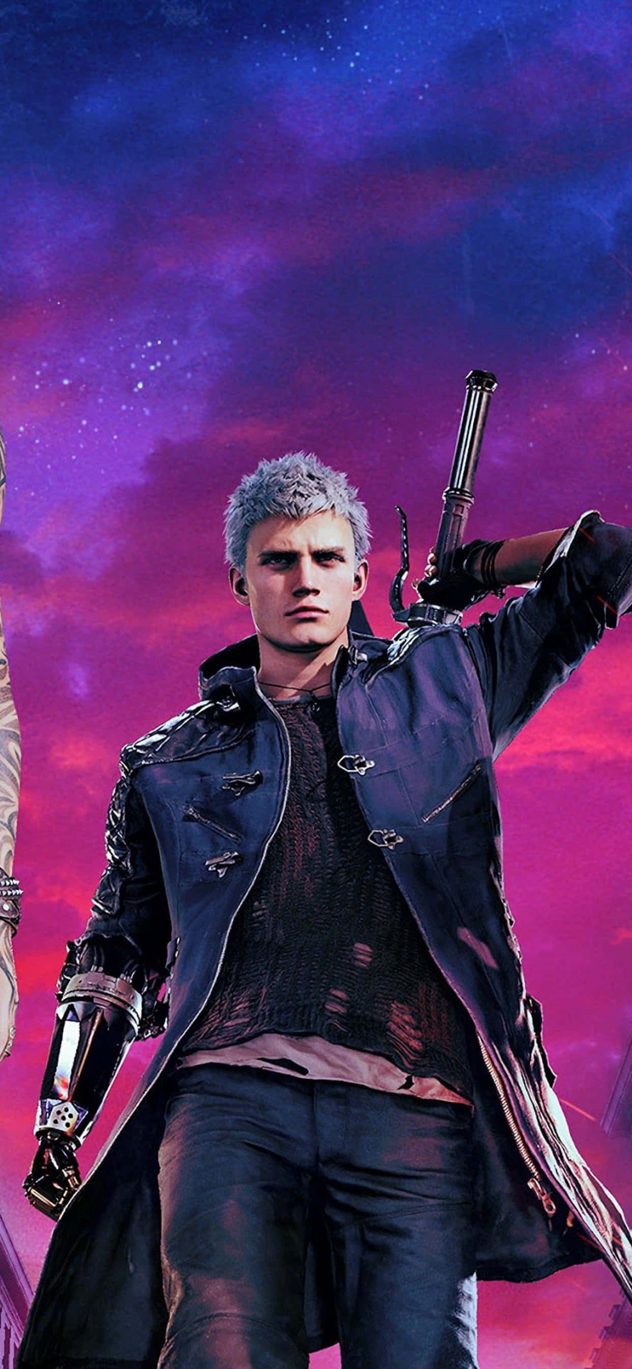 iPhone Xs Max Far Cry 5 桌布 壁紙 — 一位銀髮戰士穿著深色外套，在充滿活力的紫色和粉紅色星空下持槍。
