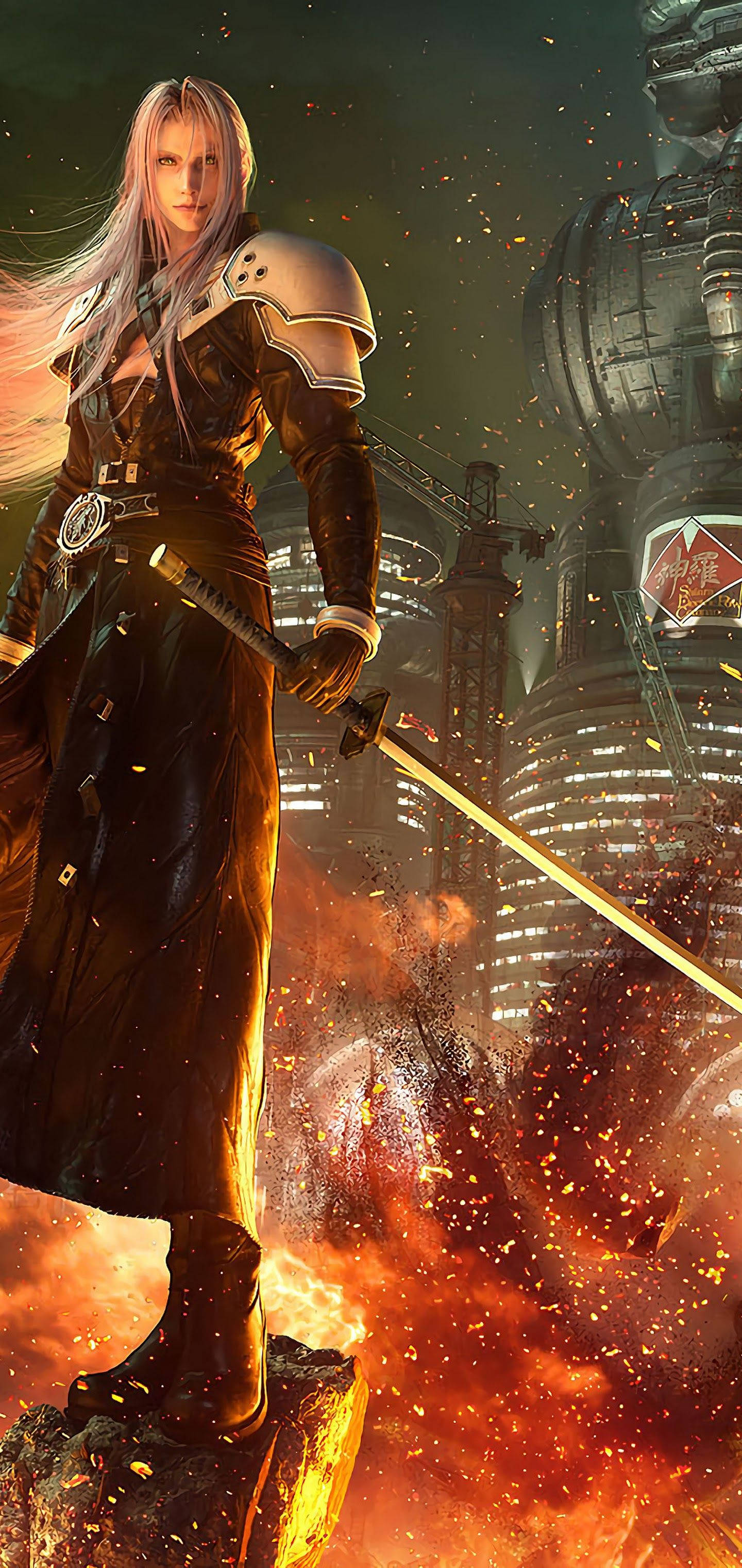 Sephiroth 桌布 壁紙 — 一位銀髮戰士身穿暗色盔甲，在火焰爆炸和未來城市廢墟中手持發光劍站立。