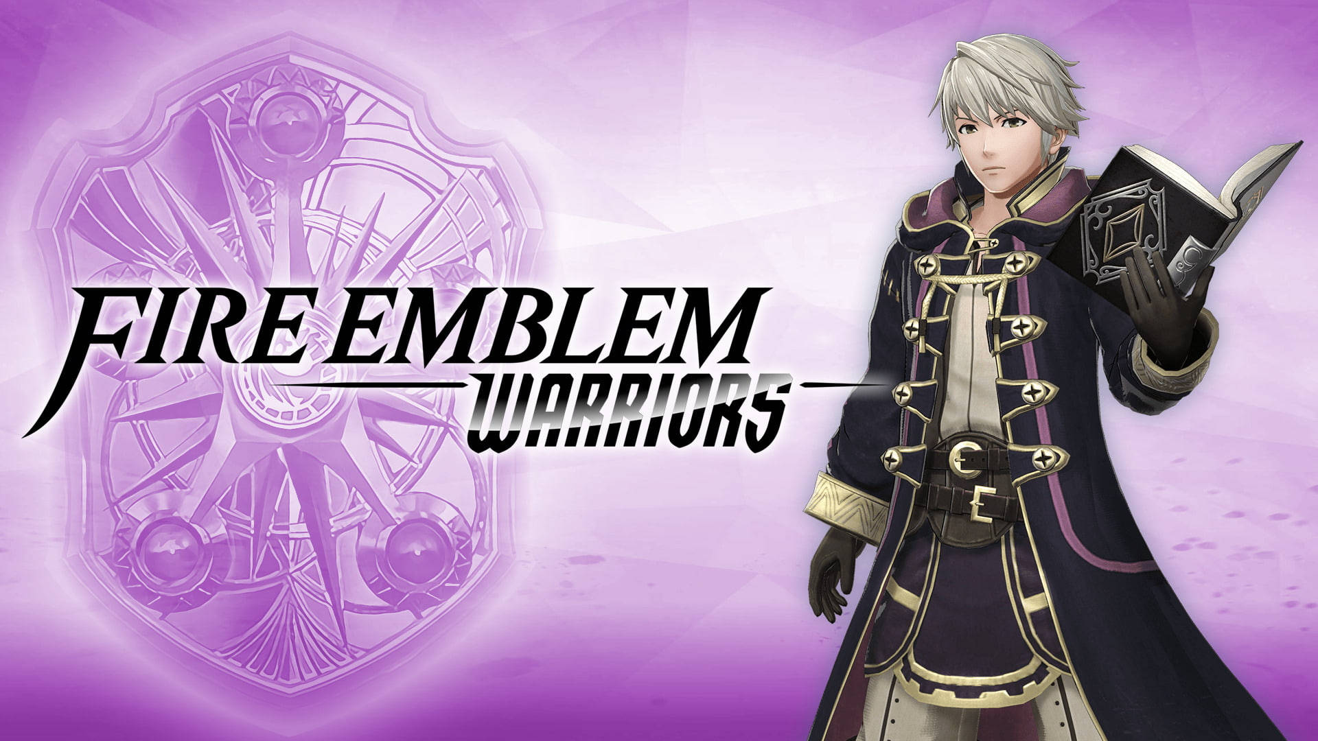 動漫戰士身穿紫色和金色盔甲，手持帶有Fire Emblem Warriors標誌的書。