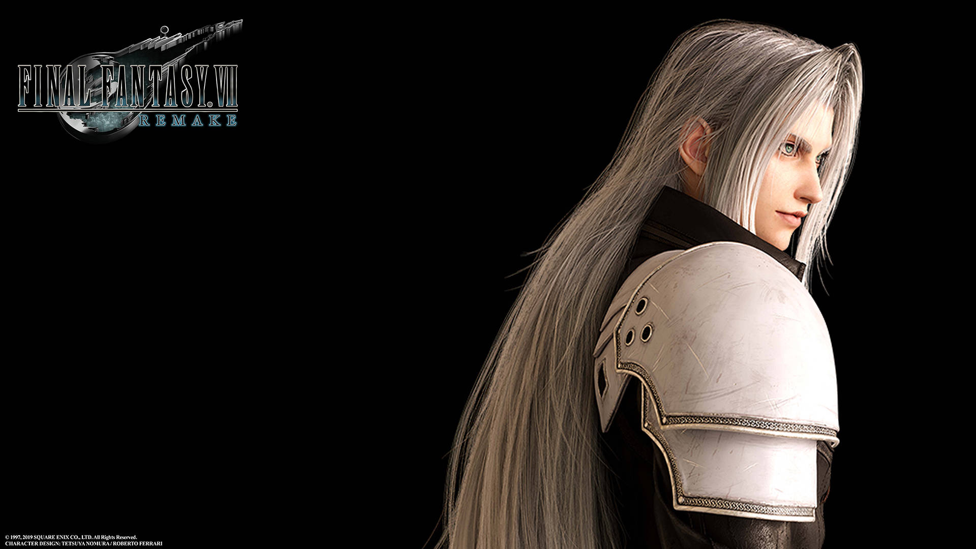 Sephiroth 桌布 壁紙 — 一位銀髮戰士身穿白色盔甲，在黑色背景上稍微轉身，帶有 Final Fantasy VII Remake 標誌。