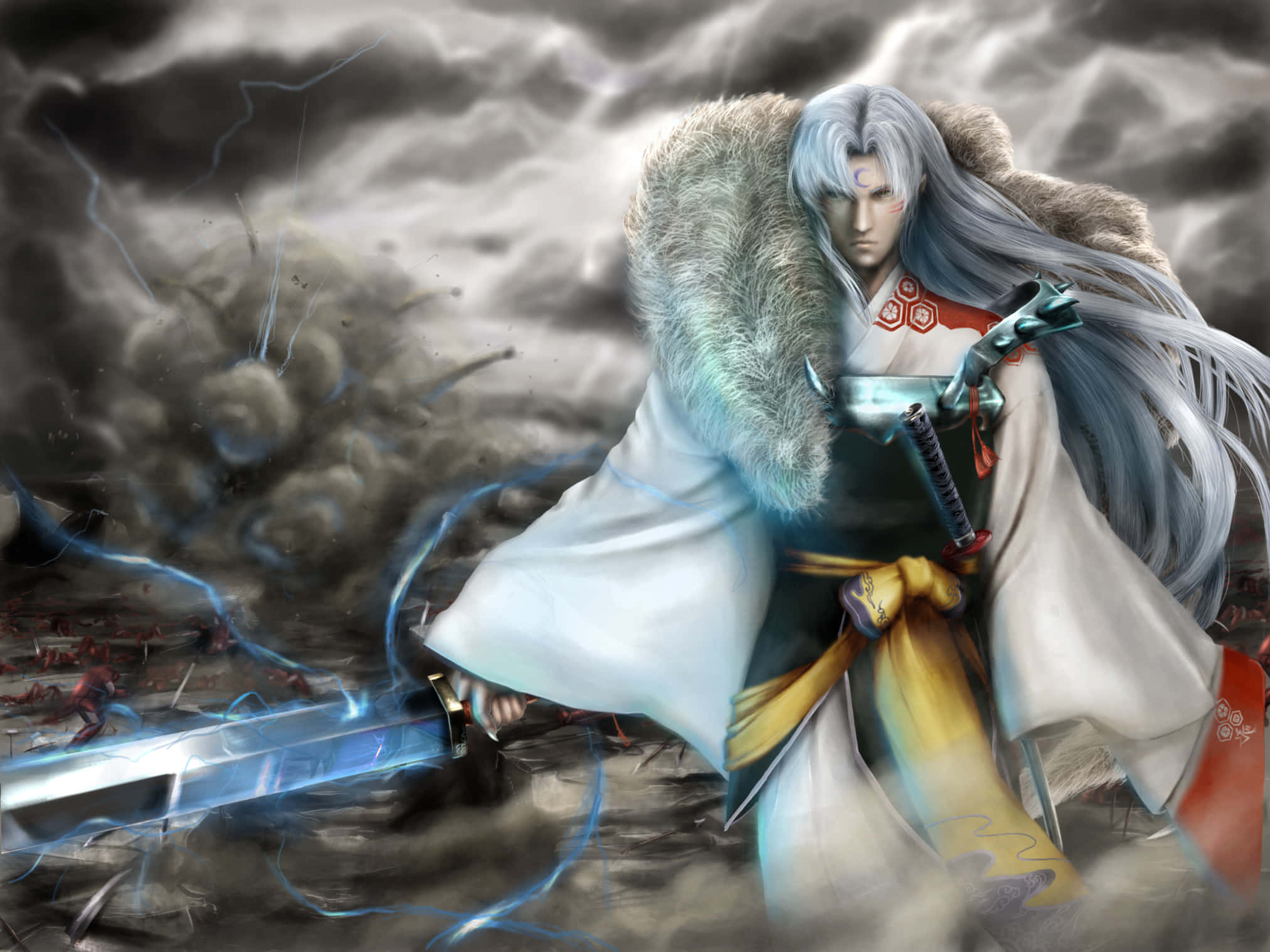 Sesshomaru 桌布 壁紙 — 一位銀髮戰士身穿白袍，在雷電交加、敵軍倒下的暴風雨戰場上揮舞著發光的劍。