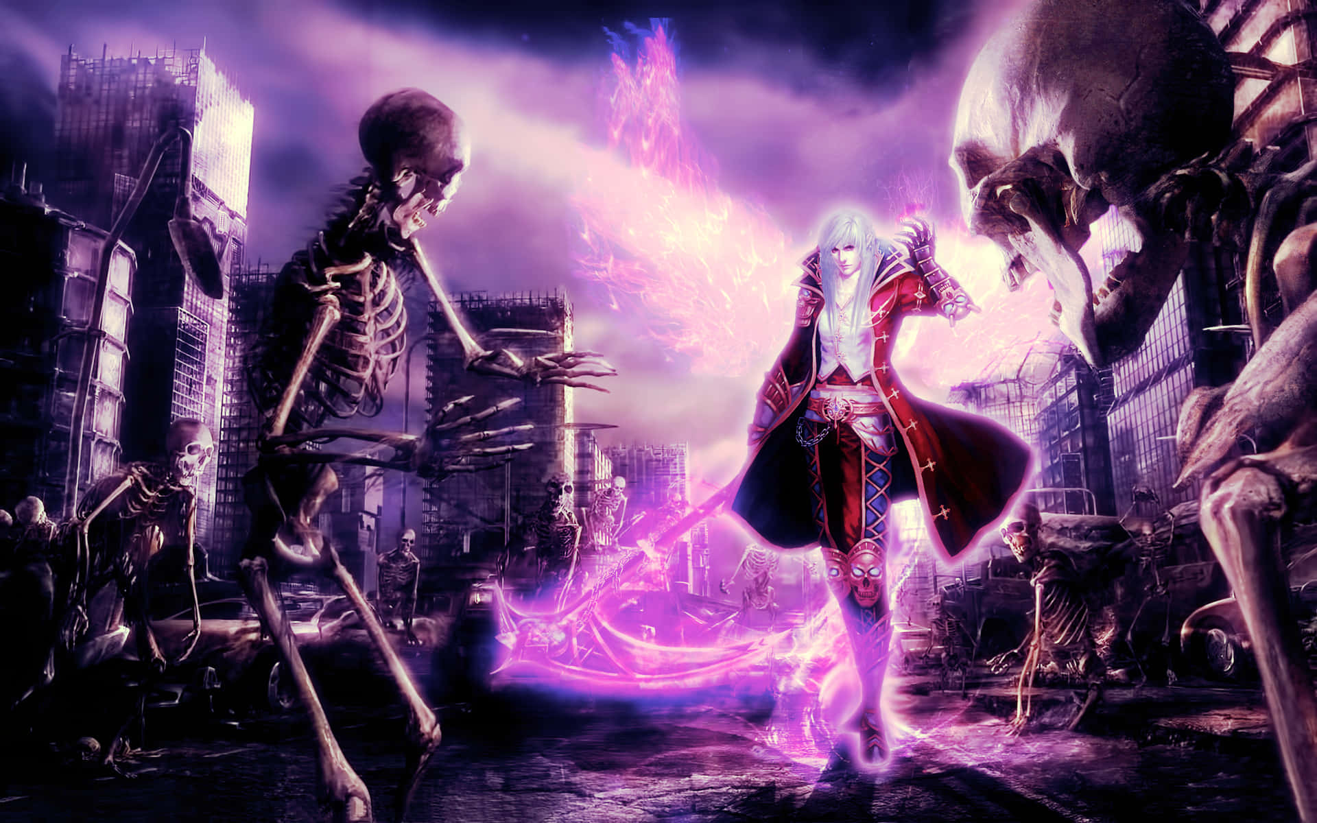 Epic Anime 桌布 壁紙 — 一位銀髮戰士身穿紅色外套，在廢墟城市中揮舞著發光的紫色劍，面對高聳的骷髏敵人。