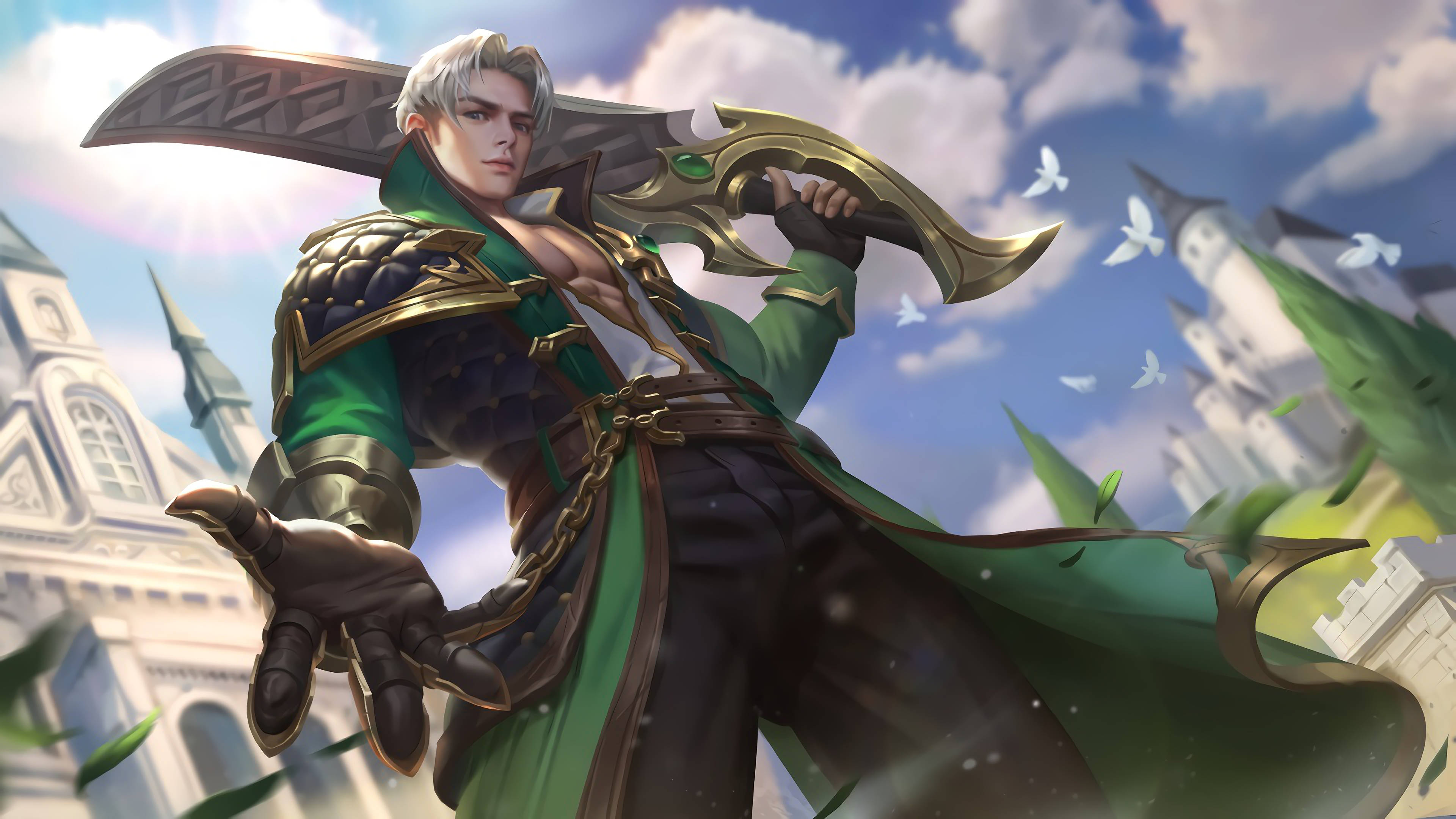 Mobile Legends 動態圖 桌布 壁紙 — 一位銀髮戰士身穿綠色盔甲，在城堡和飛舞的白鳥背景下，於明亮的藍天下揮舞著一把巨大的華麗劍。
