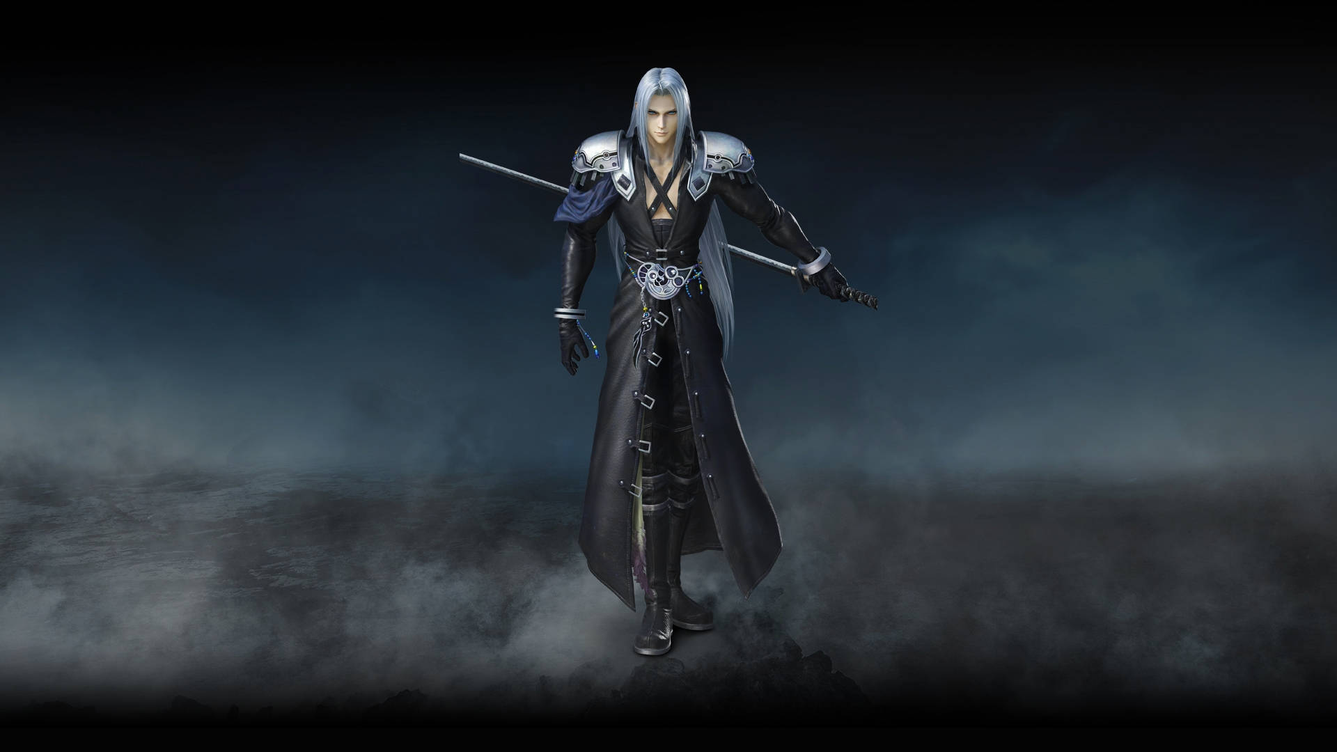 Sephiroth 桌布 壁紙 — 一位銀髮戰士身穿黑色盔甲和外套，手持雙劍，站在黑暗迷霧的背景中。