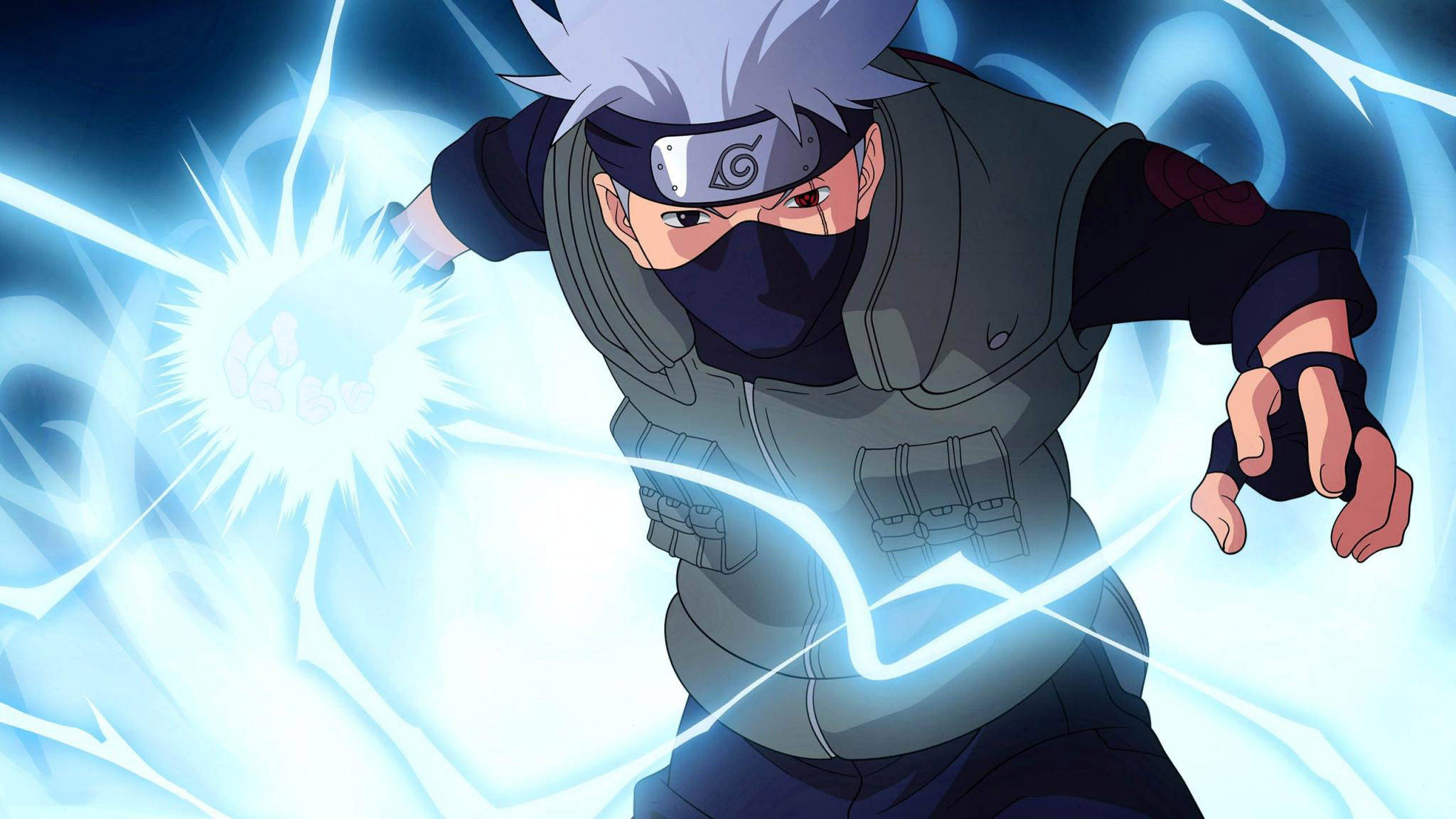 kakashi pfp 桌布 壁紙 — 一位銀髮戴面具的動漫忍者，在黑暗旋轉的背景中將藍色查克拉匯聚到發光的拳頭上。