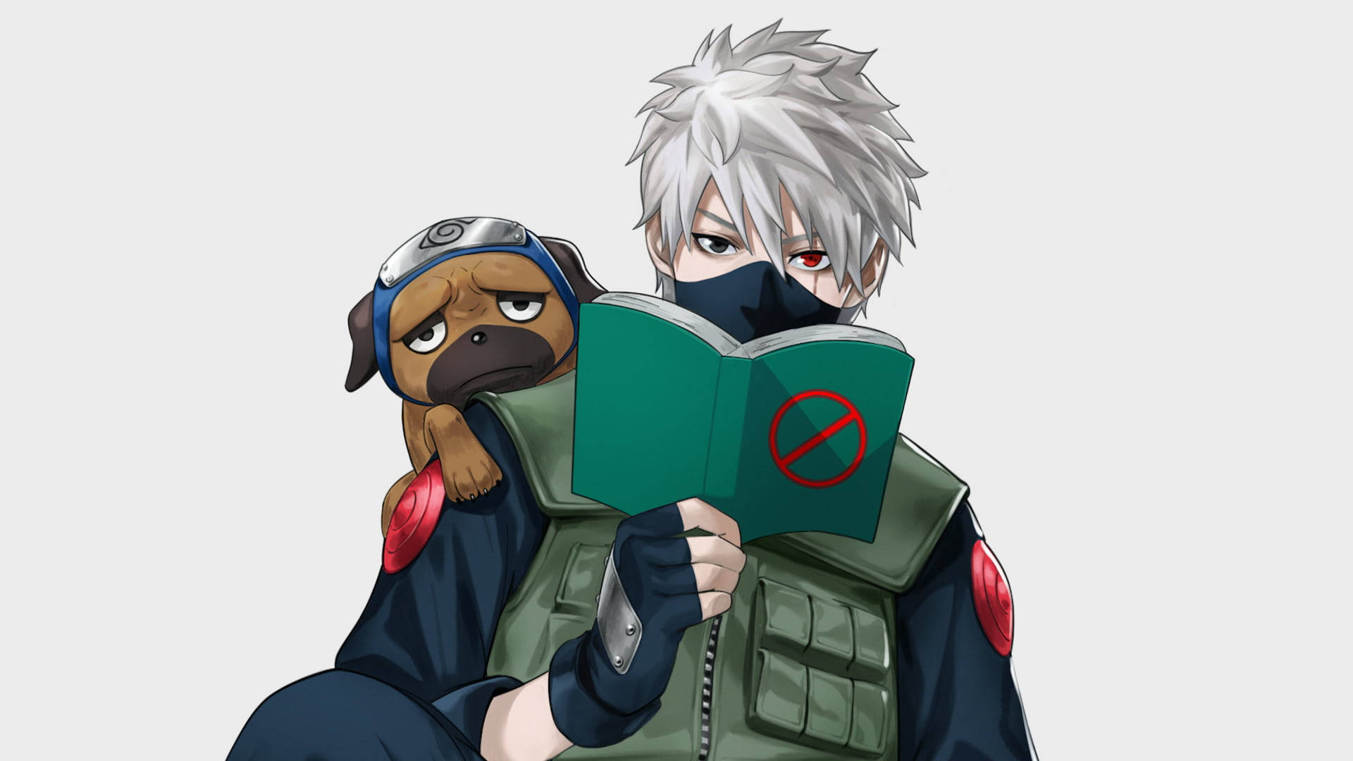 Naruto Kakashi 桌布 壁紙 — 一位銀髮戴面具的忍者正在閱讀一本帶有紅色圓圈的綠色書籍，而一隻戴頭帶的哈巴狗坐在他的肩膀上。