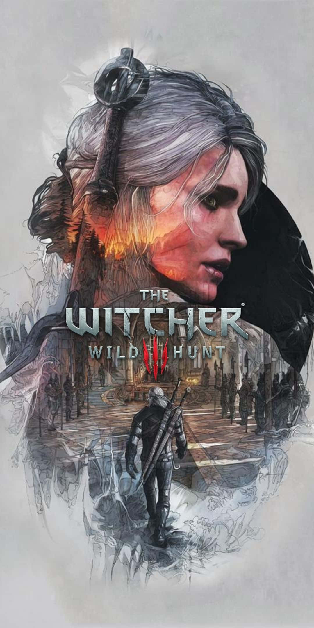 Pixel 3 The Witcher 3 桌布 壁紙 — 一位銀髮持劍的戰士向前凝視，熾熱的夕陽在她臉後發光。