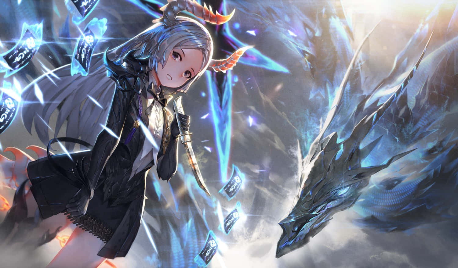 blade and soul 桌布 壁紙 — 一位銀髮有角的動漫女孩在發光的魔法戰鬥中揮舞刀刃對抗巨大的藍龍。