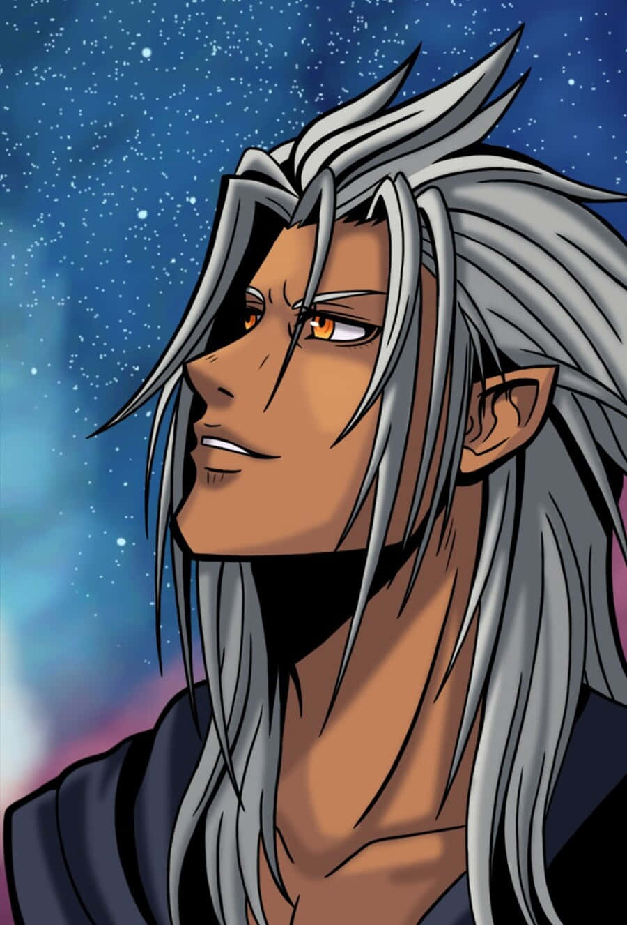 Kingdom Hearts Xemnas 桌布 壁紙 — 一位銀髮橙眼的動漫角色在繁星宇宙背景下向上凝視。