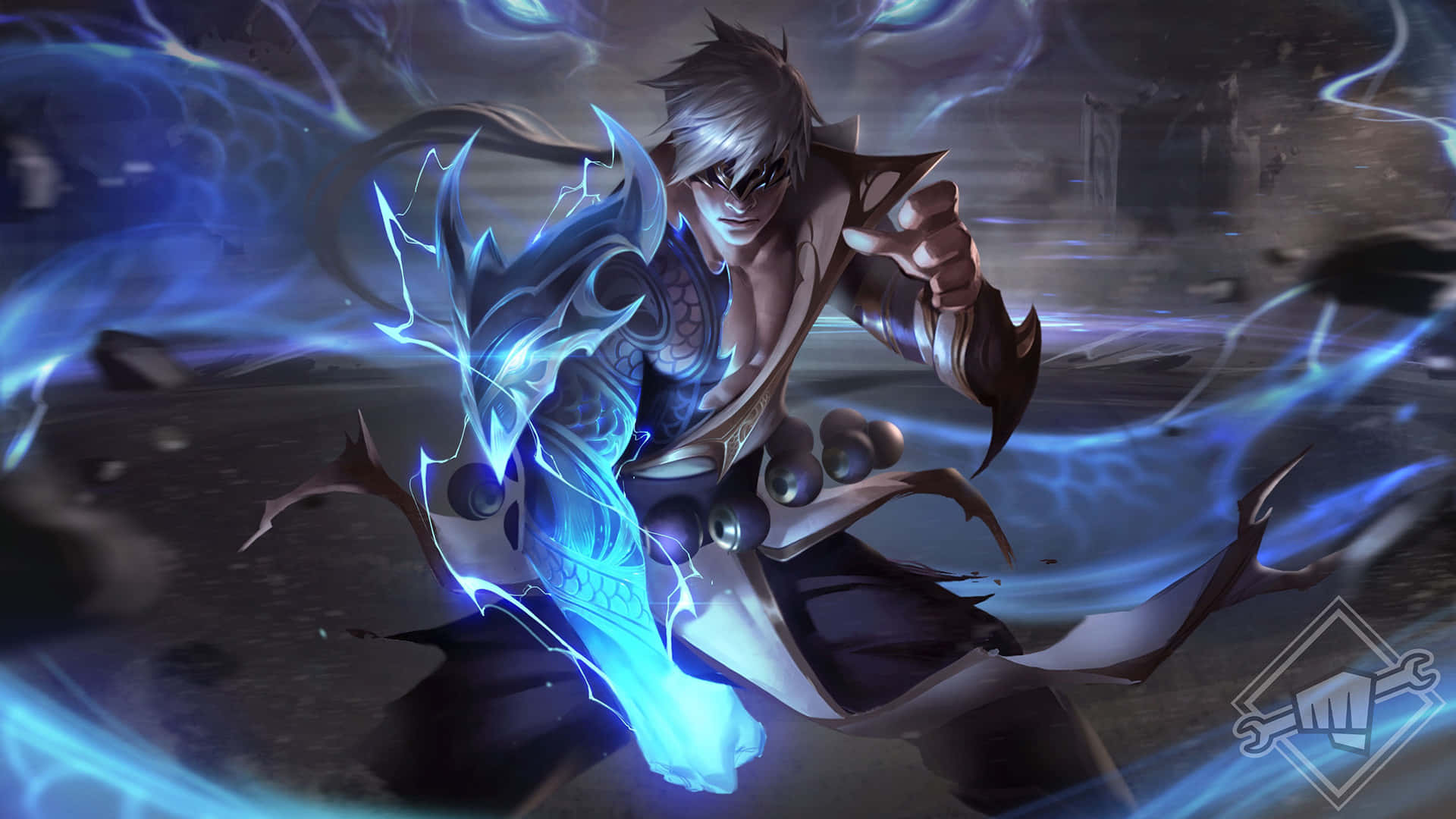 Lol 1920 X 1080 Gaming 桌布 壁紙 — 一位銀髮的兇猛動漫戰士在暴風雨的戰場上揮舞著發光的藍色閃電劍。