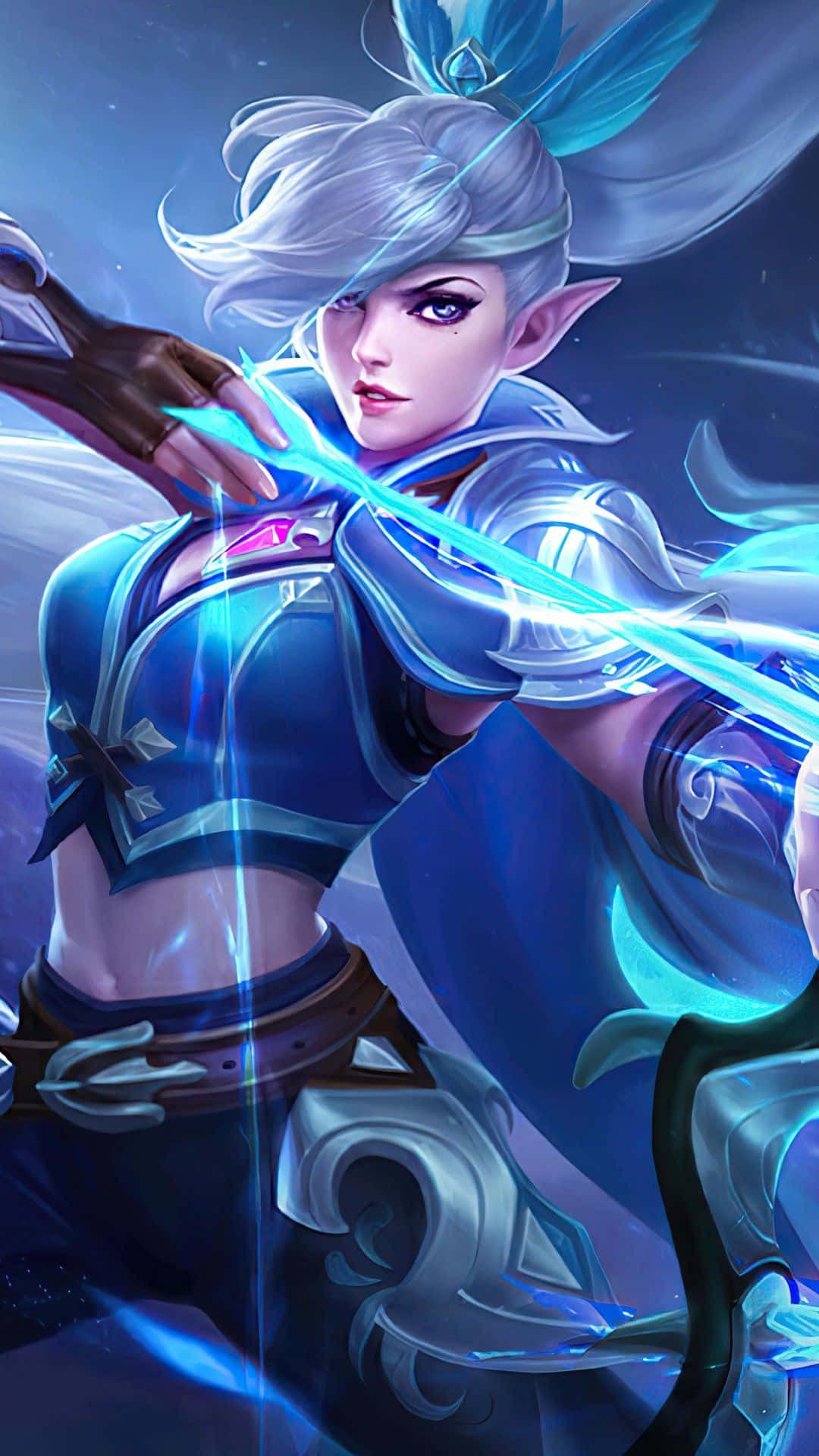 幻想精靈戰士在宇宙環境中揮舞發光的藍色能量劍 — Mobile Legends 動態圖 壁紙