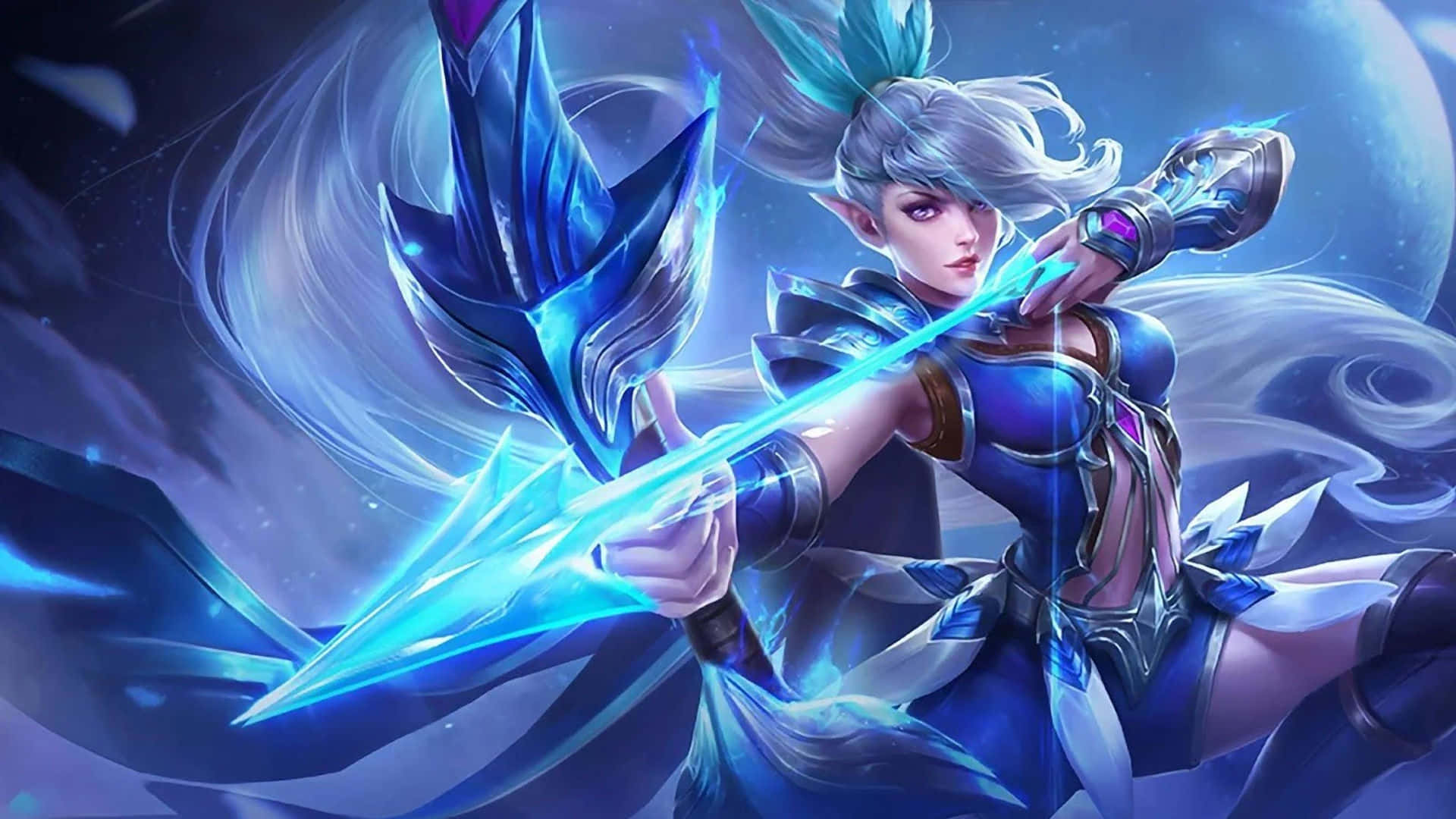 Mobile Gaming 桌布 壁紙 — 一位銀髮的奇幻精靈戰士在宇宙星空背景下揮舞著發光的藍色長矛。