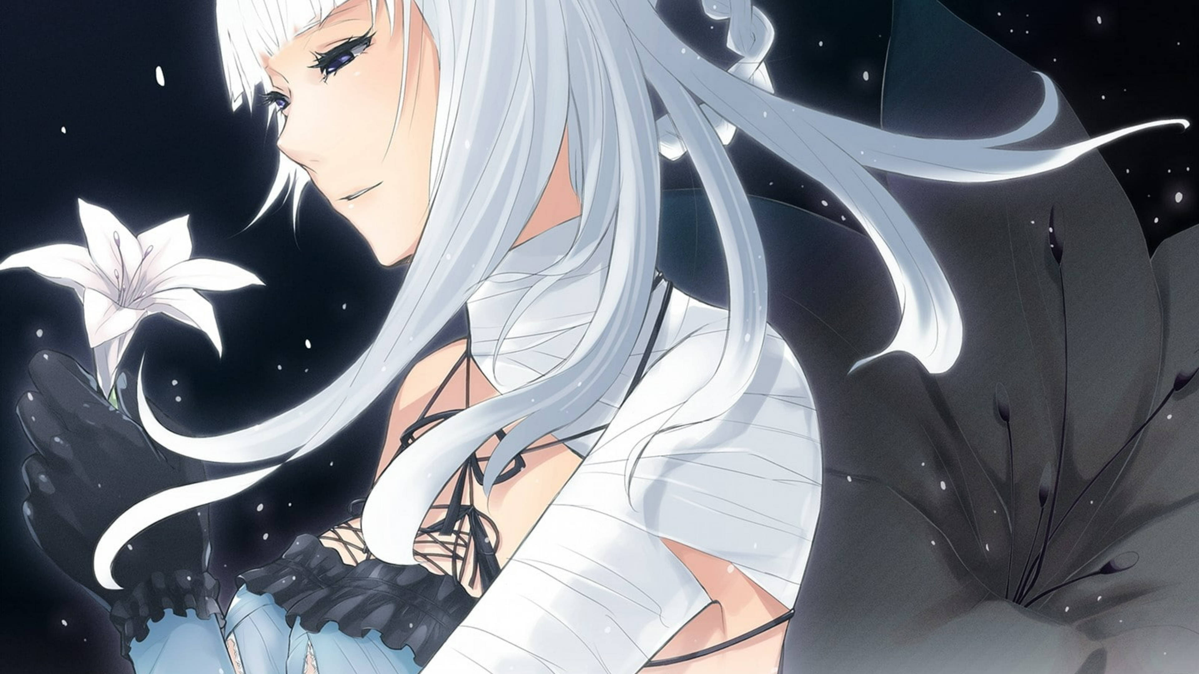 Nier 桌布 壁紙 — 一位銀髮的寧靜動漫女孩，在繁星點點的夜空下，手持白色百合花，布料飄逸。